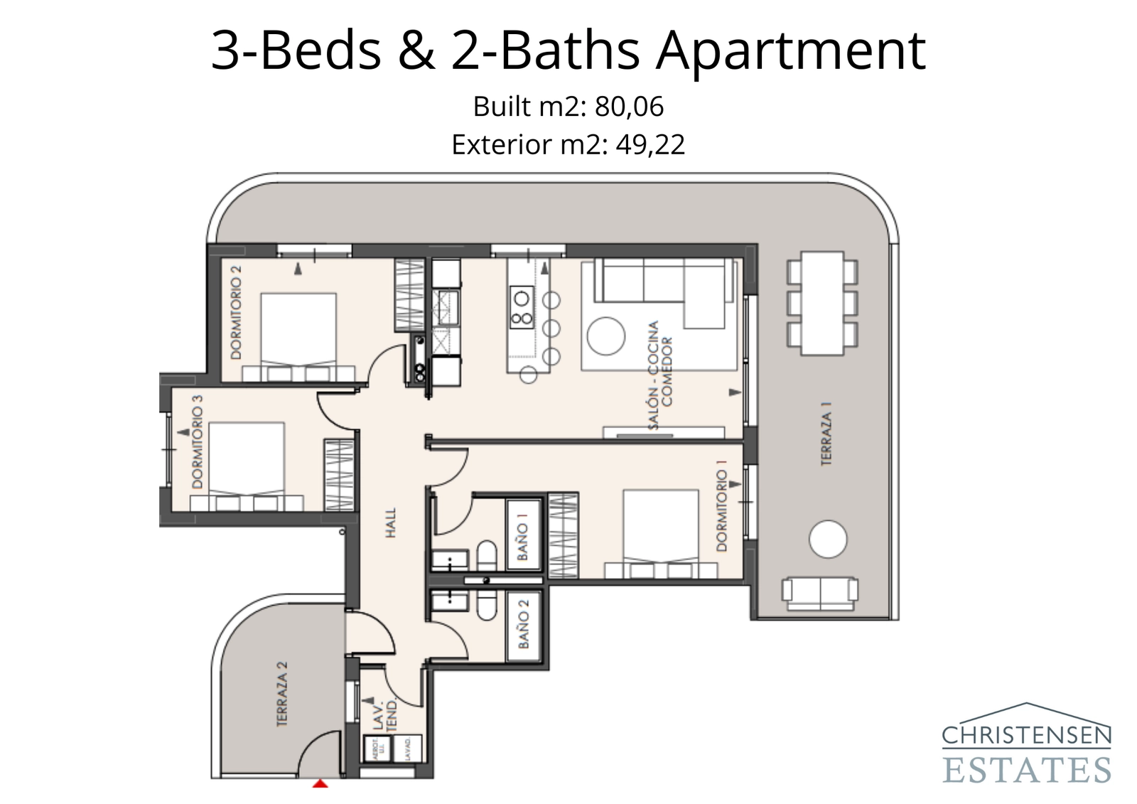 This spacious three-bedroom layout includes generous interior spaces and two separate terraces, enhancing the outdoor lifestyle.