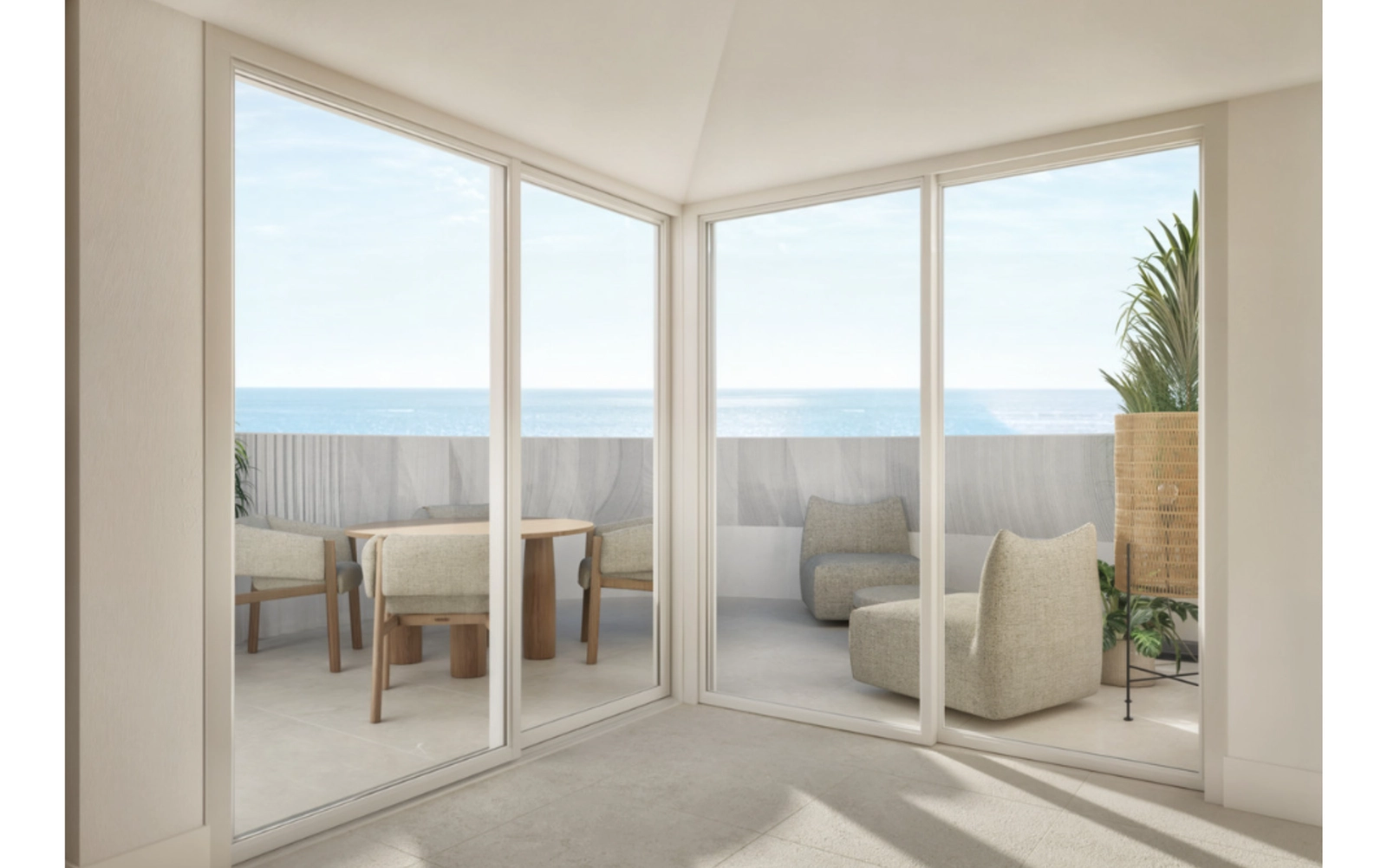 A quiet corner terrace offering serene views of the Mediterranean Sea.