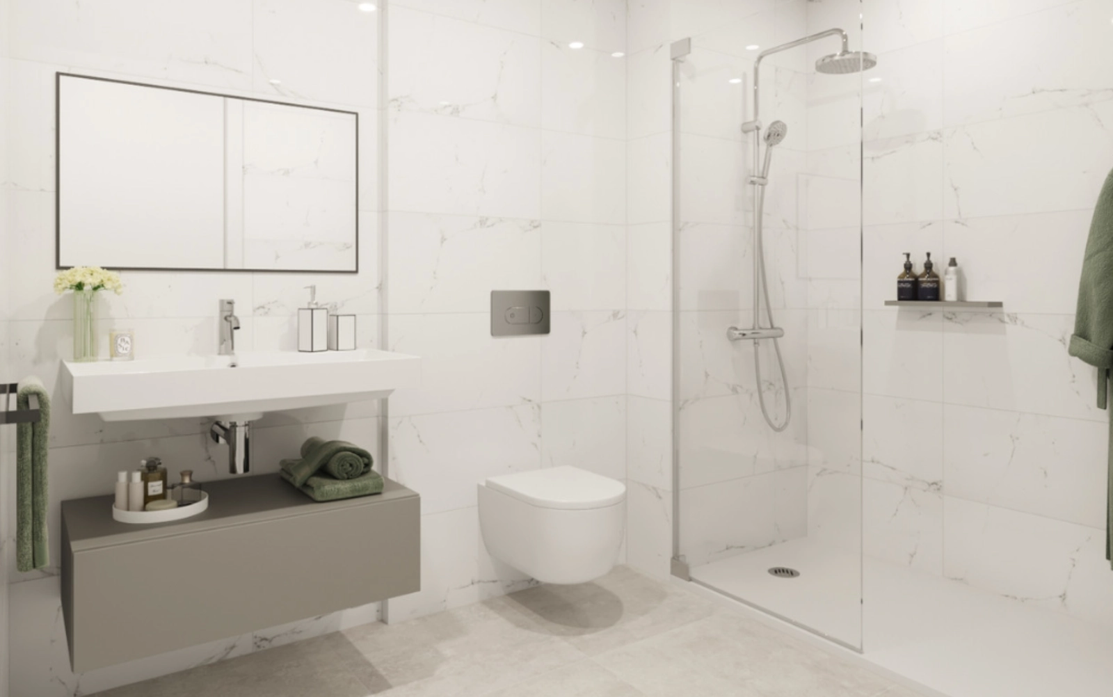 A sleek and modern bathroom with high-quality finishes and a spacious walk-in shower.