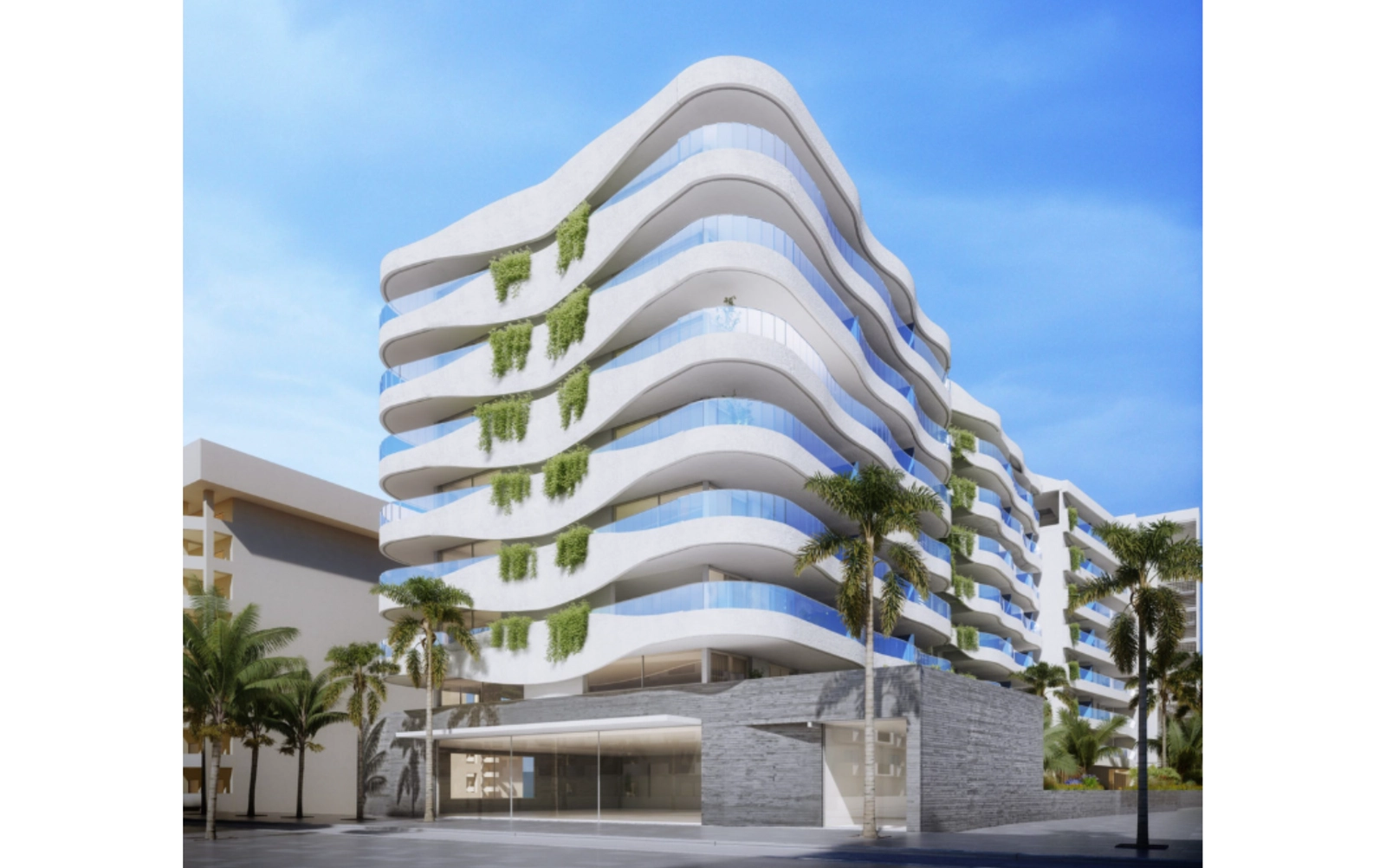 The impressive contemporary design of the building seen from the street level.