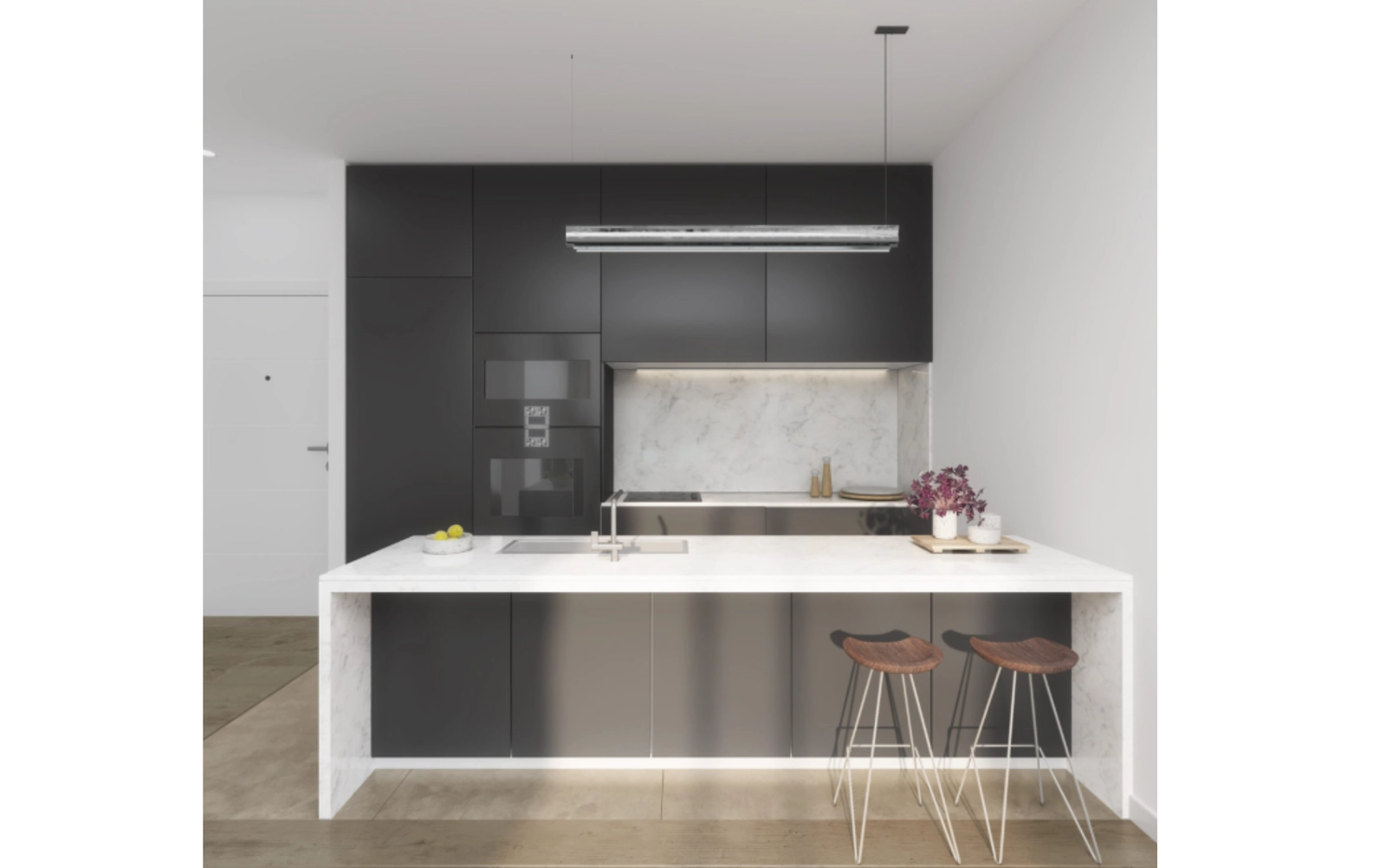 A modern, fully equipped kitchen with a stylish island, perfect for cooking and entertaining.