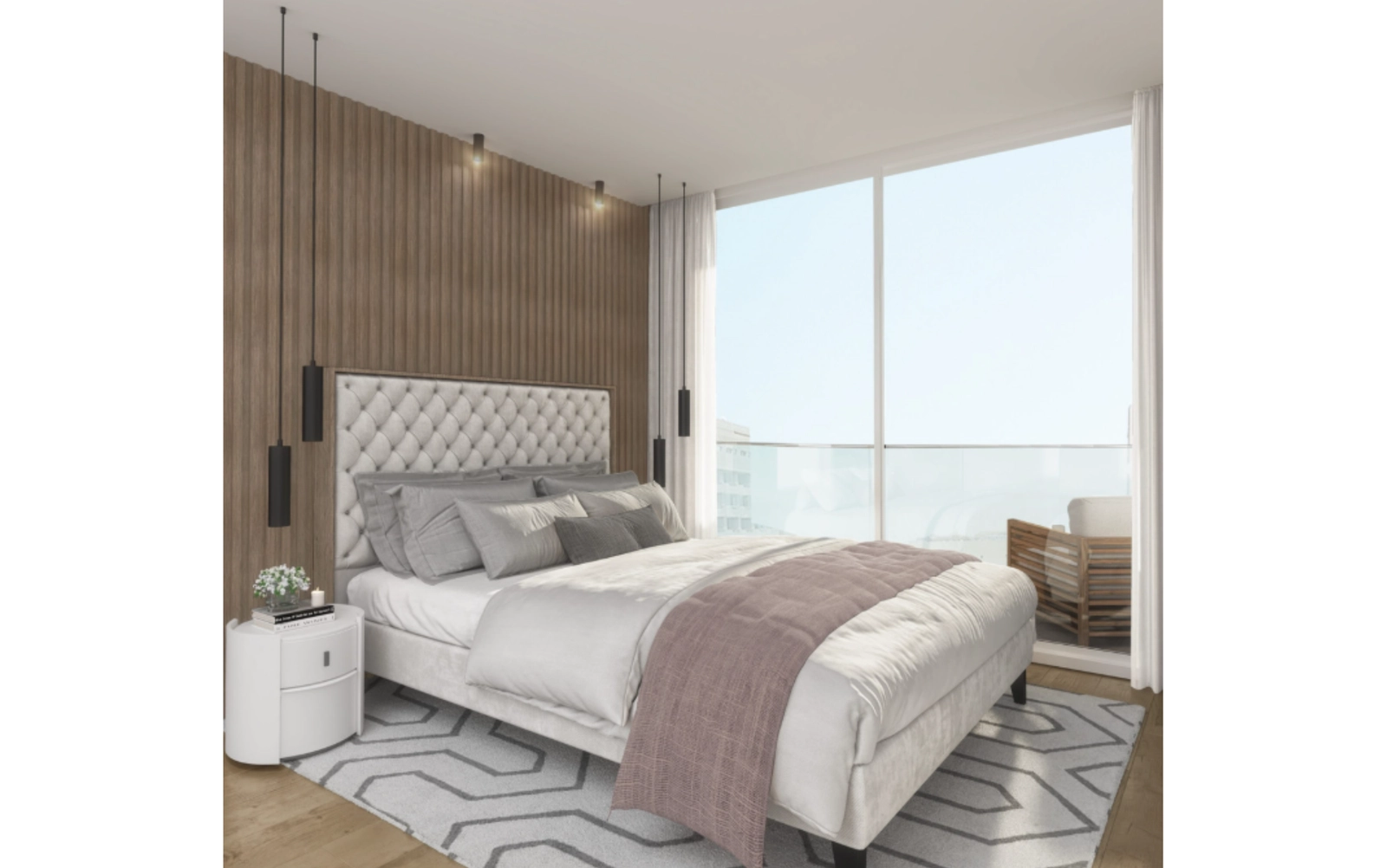 A stylish and comfortable bedroom featuring large windows that open onto a terrace.