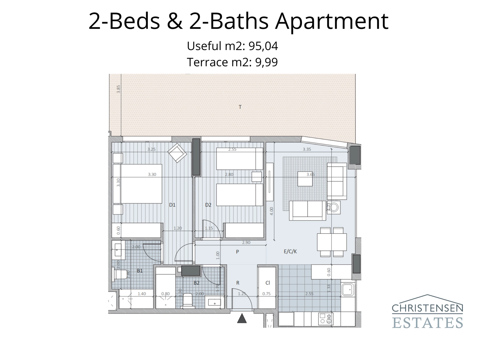Floor plan for a two-bedroom apartment, showing a smart layout that separates the sleeping areas from the open-plan living space for maximum comfort and privacy.