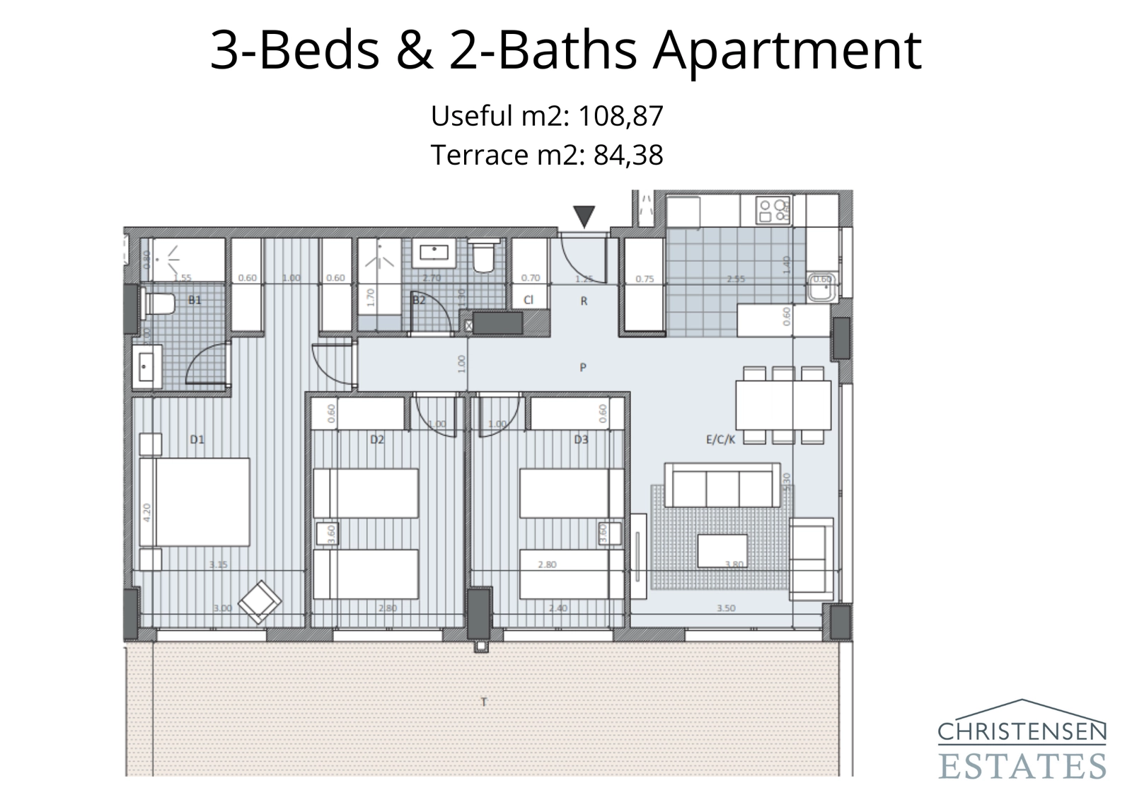 This three-bedroom apartment layout features a spacious living and kitchen area that opens onto an expansive terrace, ideal for an indoor-outdoor lifestyle.