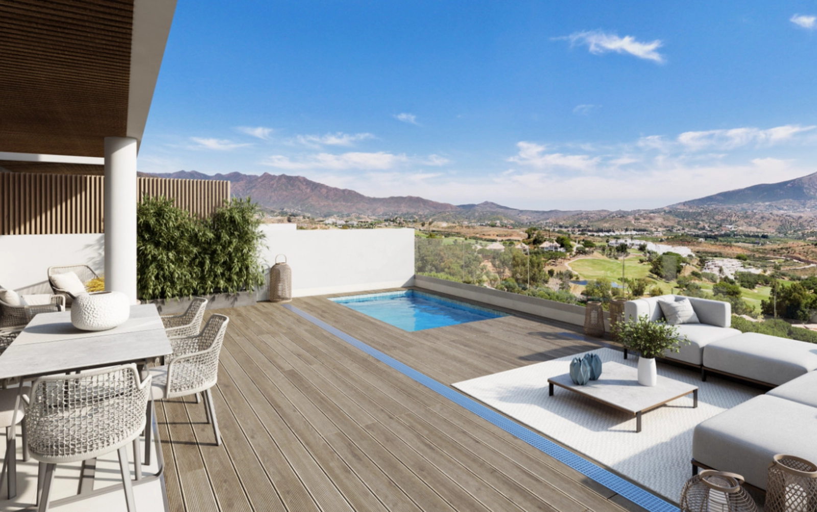 A stunning private rooftop terrace with a pool, offering panoramic views over the Mijas mountains and golf course.