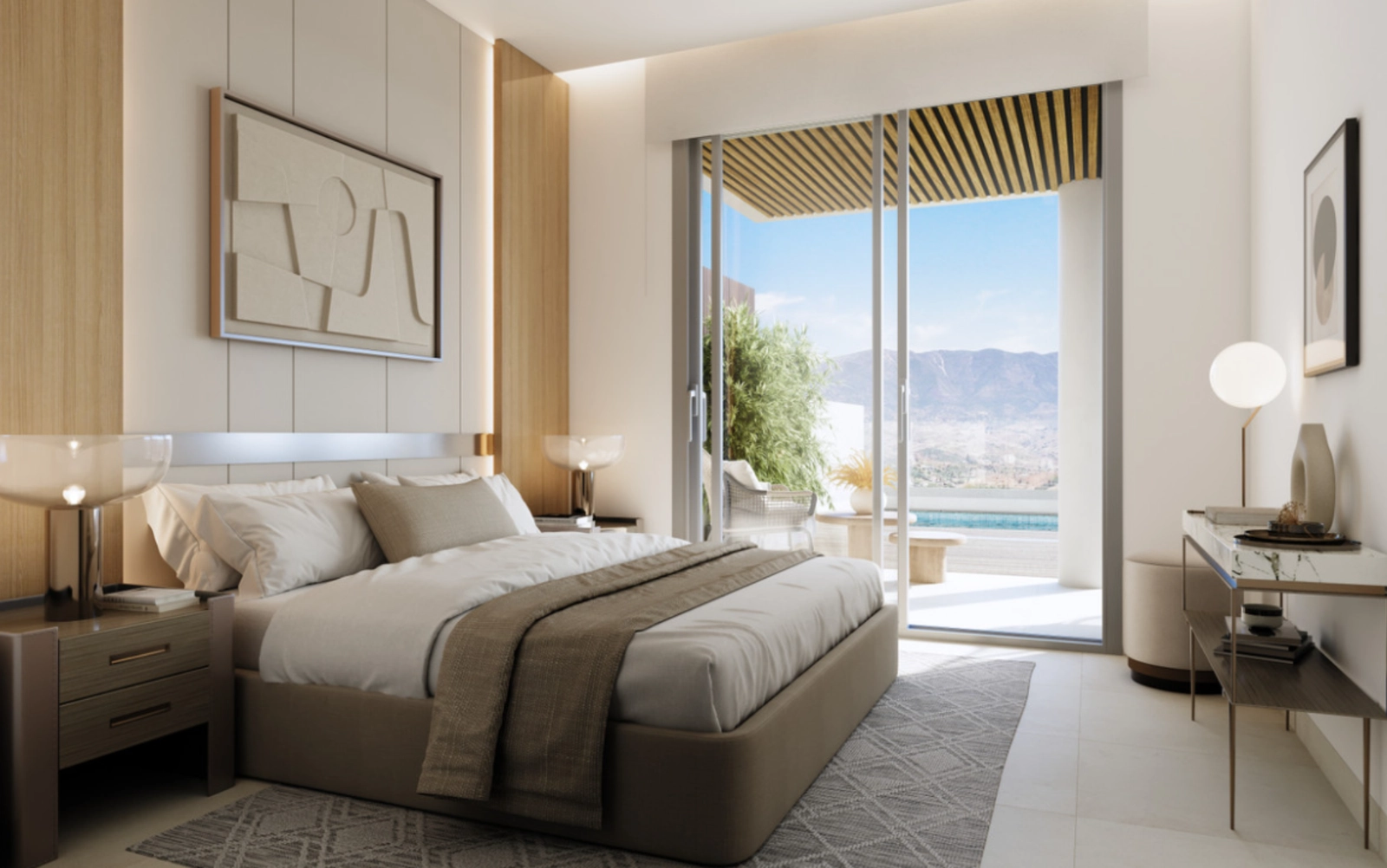 The bright and spacious living area opens directly onto the terrace, creating a large, light-filled space for relaxation.
