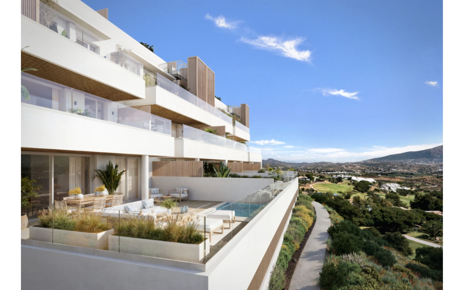 An aerial view showing the development's privileged frontline position on the prestigious La Cala Golf course.