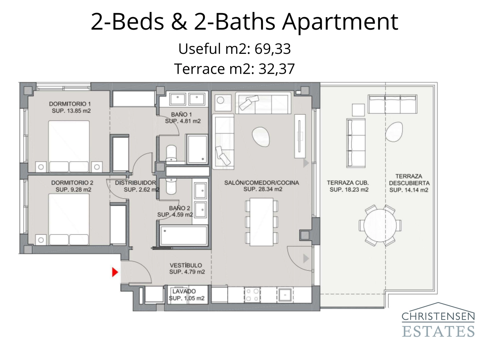 This two-bedroom apartment layout features an open-plan living area that flows onto a generous terrace, perfect for enjoying the views.