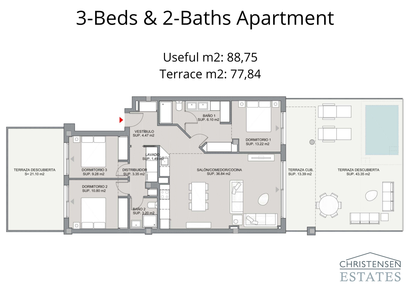 The three-bedroom floor plan offers expansive living spaces and multiple terraces, providing ample room for family and guests in a luxurious setting.