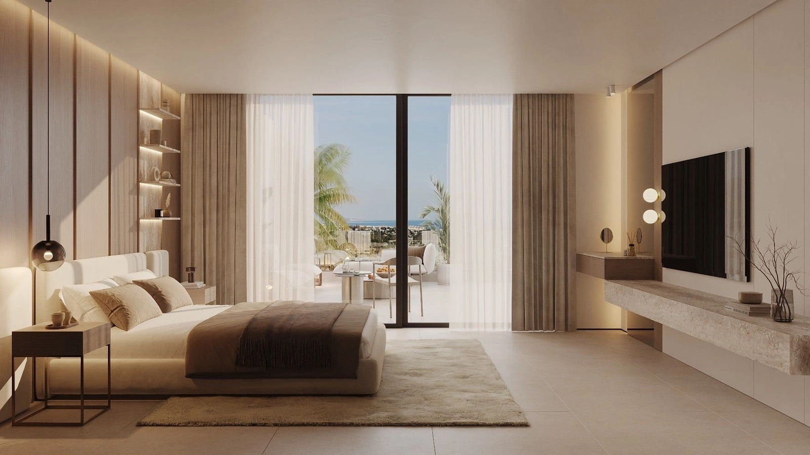 The master bedroom serves as a peaceful retreat, complete with terrace access and stunning views.
