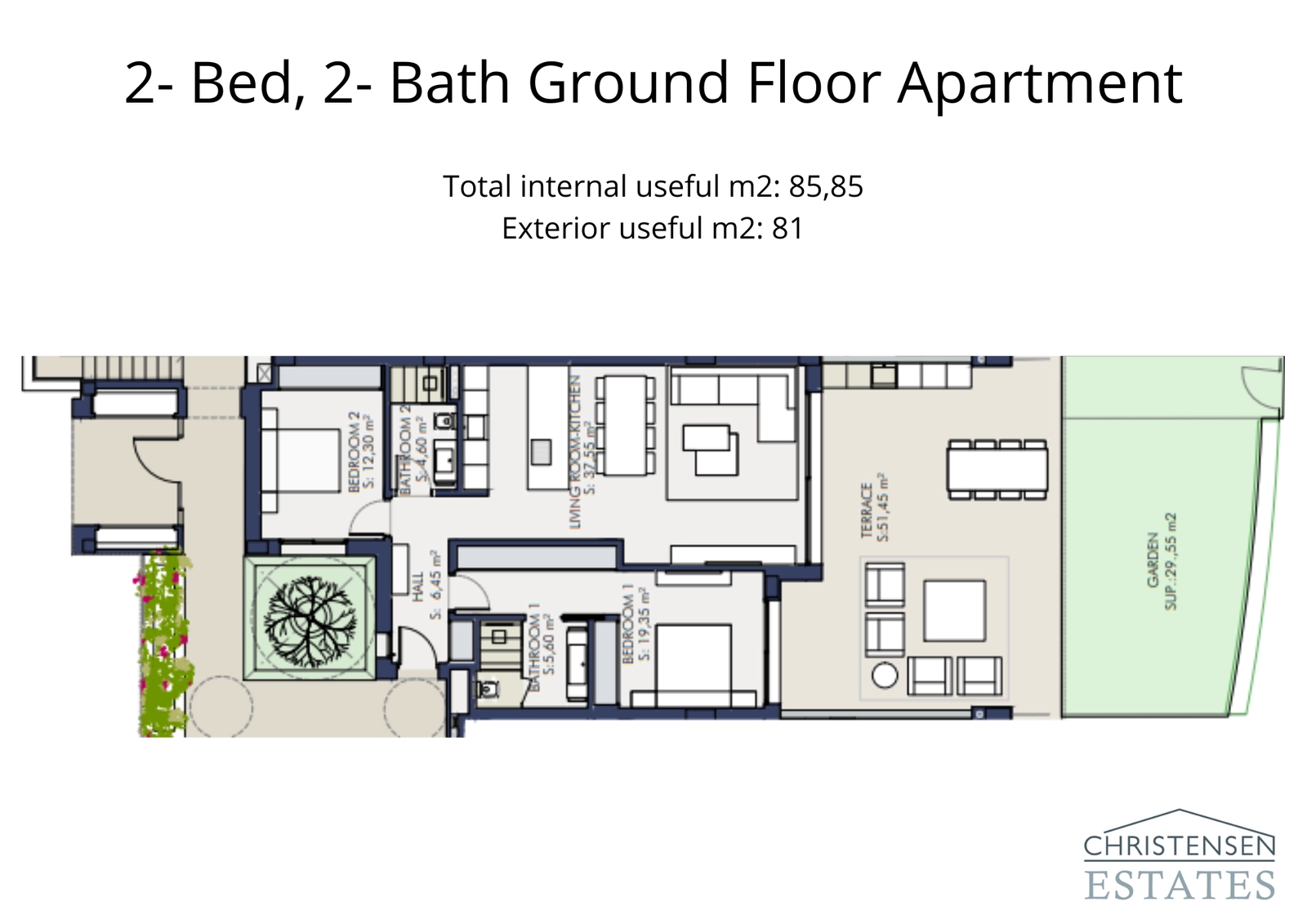 A thoughtfully designed two-bedroom ground floor layout, featuring a seamless flow to a large terrace and private garden.