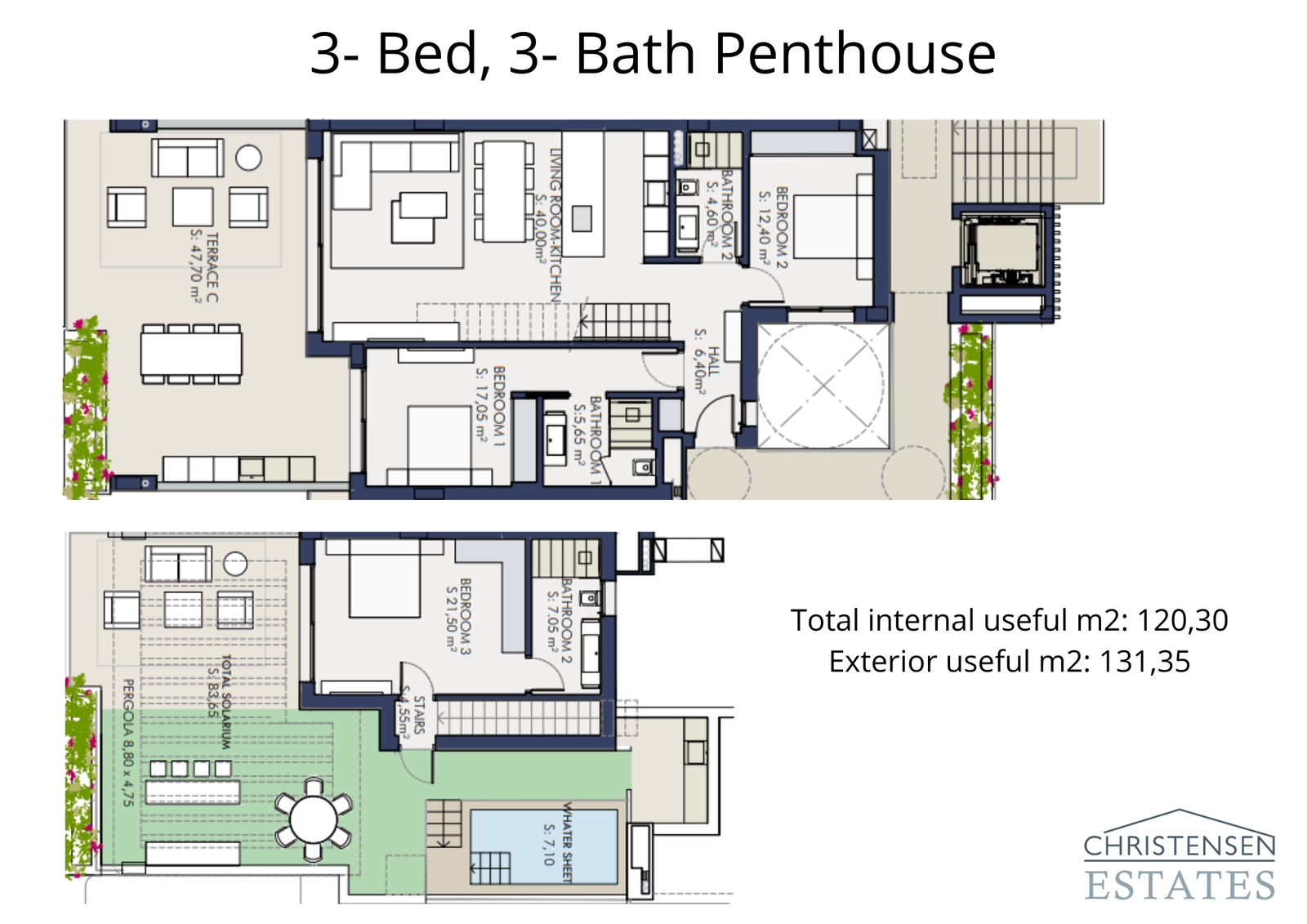 Discover this alternative three-bedroom penthouse design, complete with a private pool on the solarium for ultimate relaxation.
