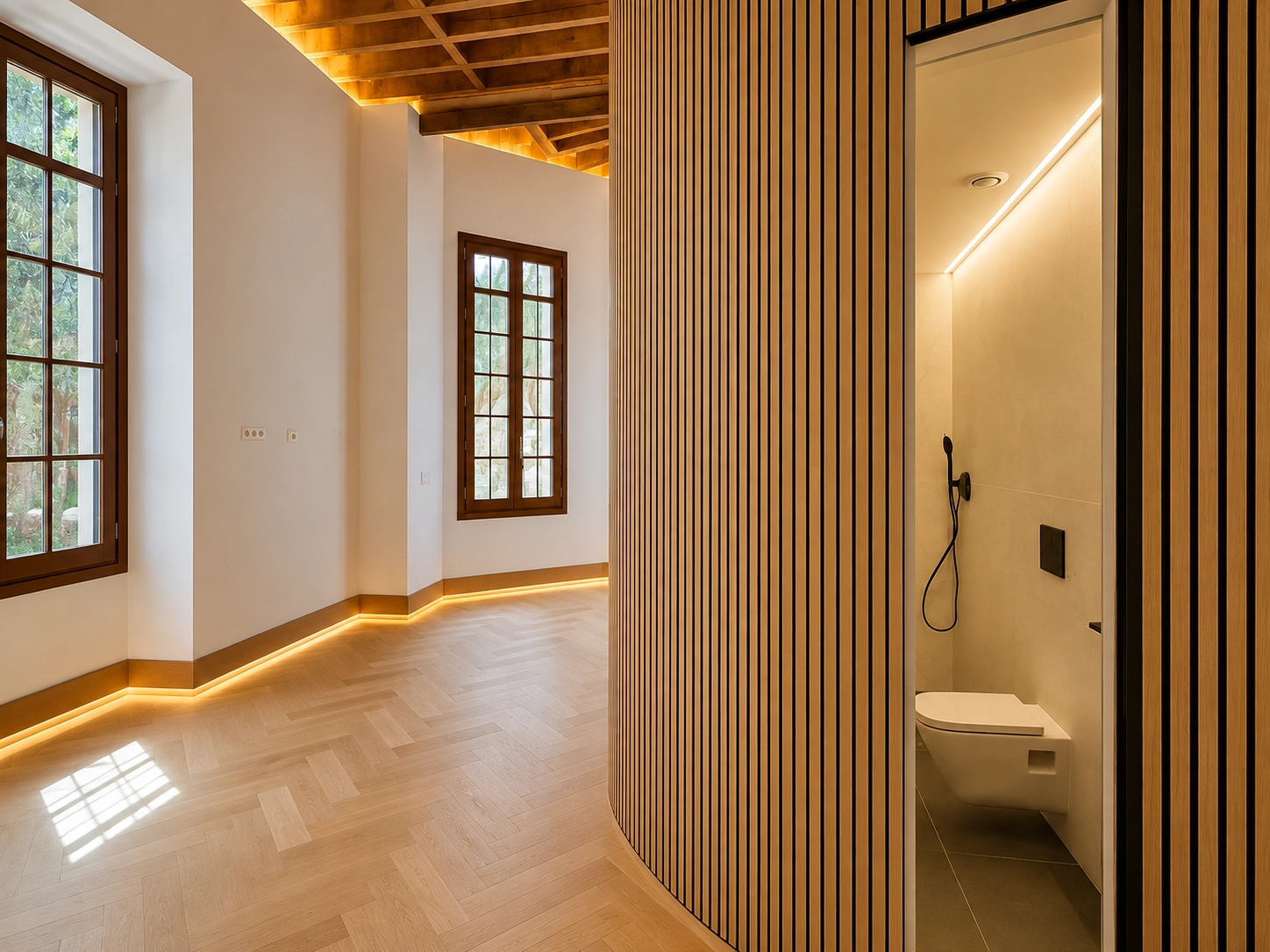 An elegant space showing the flow from the living area into a sophisticated, modern bathroom.