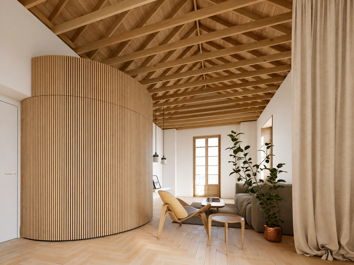 Bright and airy living rooms with exposed wooden beam ceilings create a warm and inviting feel.