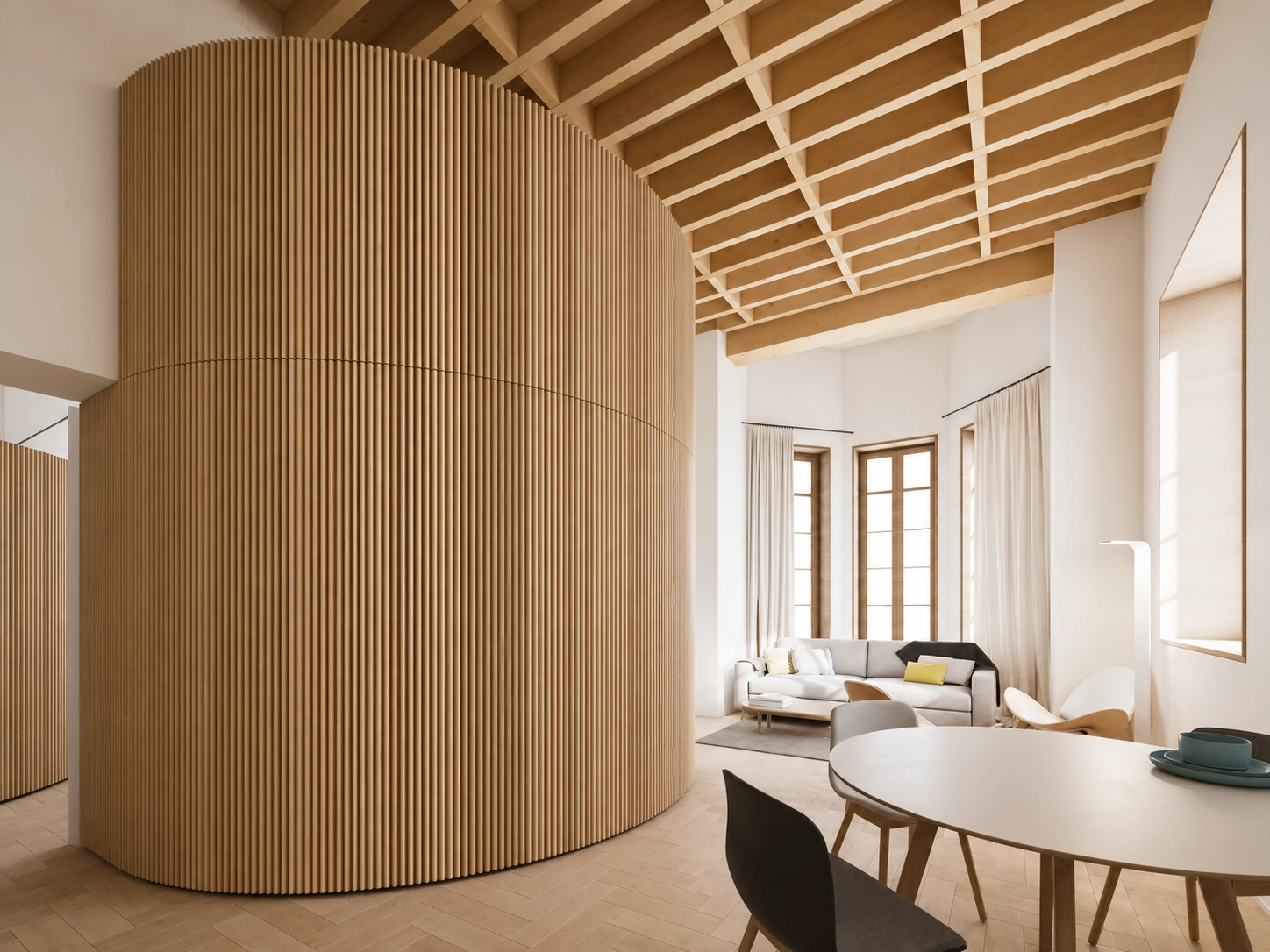 The open-plan dining and living areas are designed for modern living, with unique architectural details.