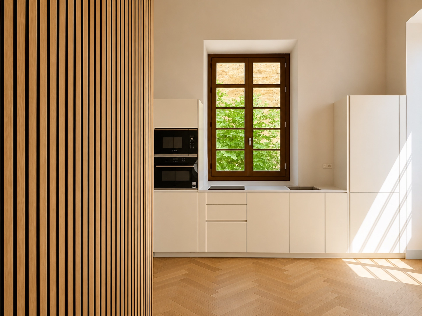 Sleek, fully-equipped kitchens combine functionality with minimalist aesthetics for a modern culinary space.