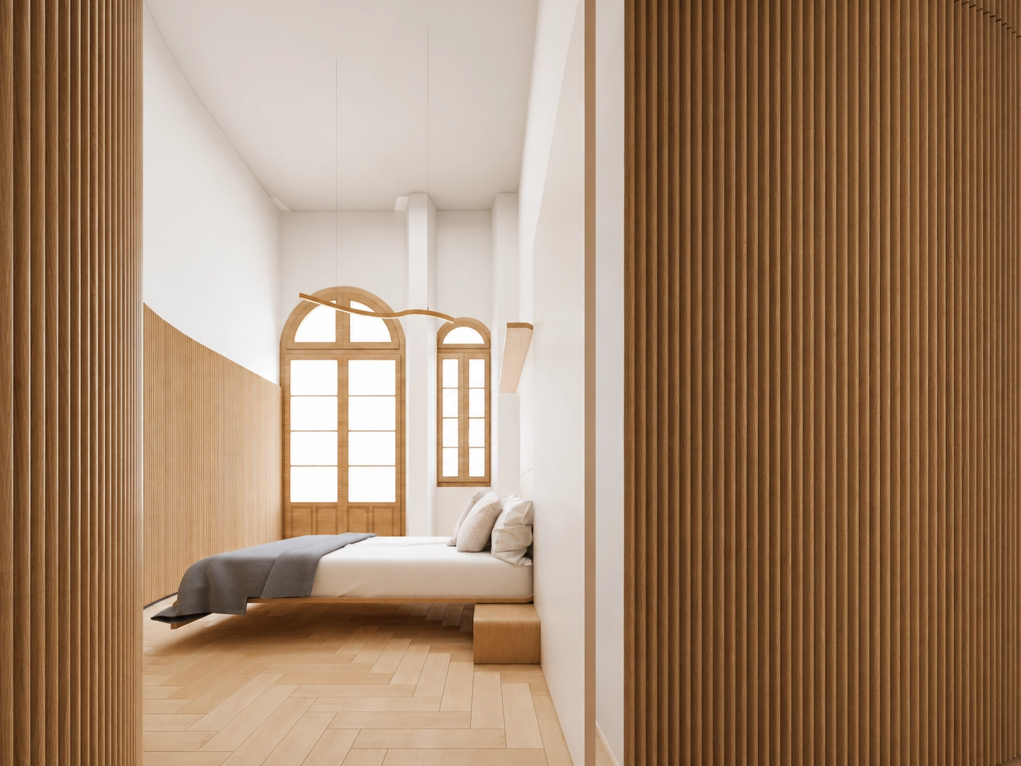 Bedrooms are designed as peaceful retreats, with natural wood floors and a minimalist style.
