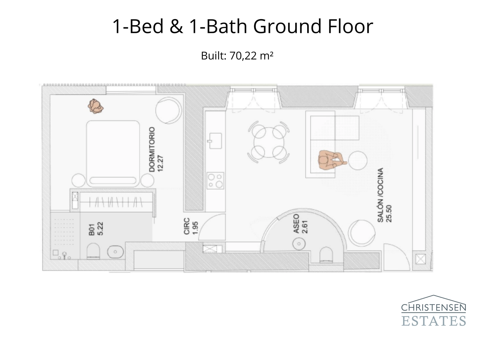 This one-bedroom floor plan showcases an efficient layout with a combined living and kitchen area, creating a bright and open living space.
