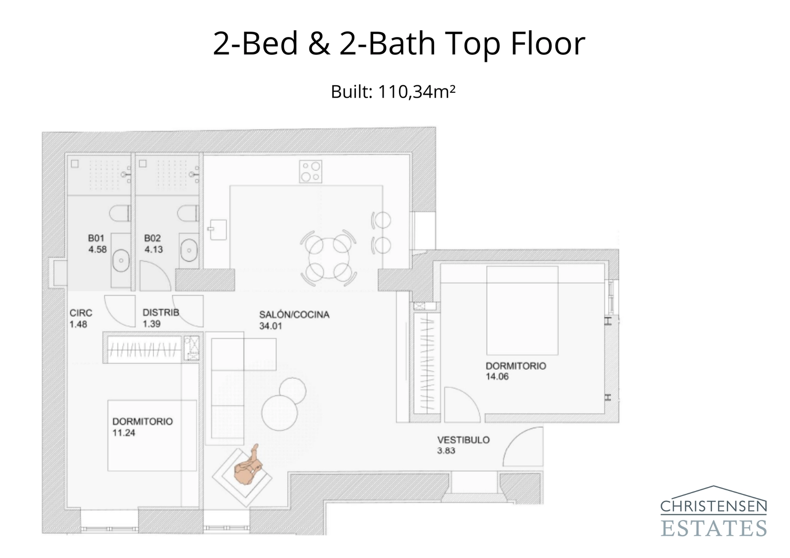 A spacious two-bedroom, two-bathroom layout offering comfort and privacy, with a generous main living area perfect for relaxation and entertaining.