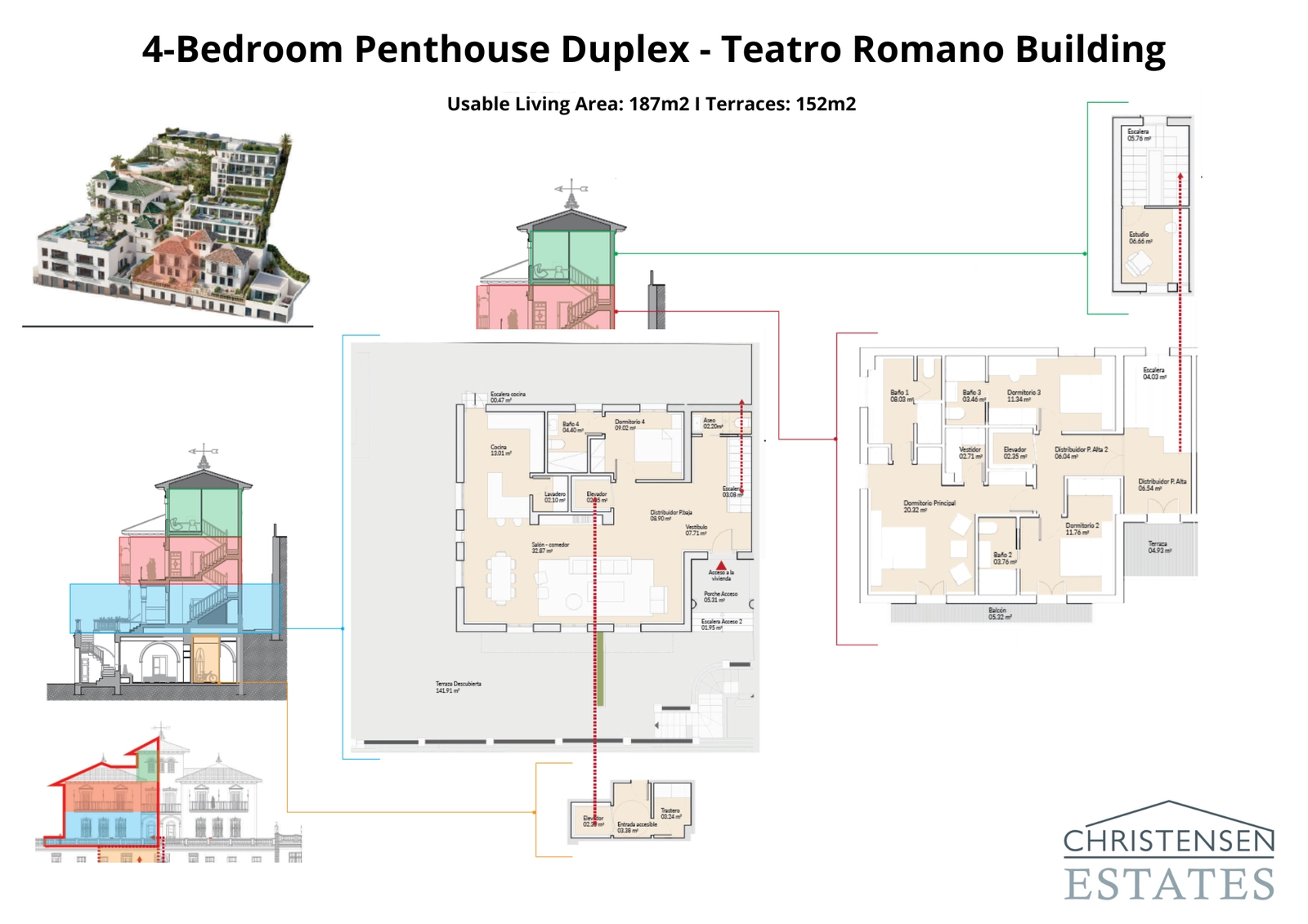 The four-bedroom duplex penthouse in the Teatro Romano building offers expansive living across two floors with generous terraces for an exceptional lifestyle.