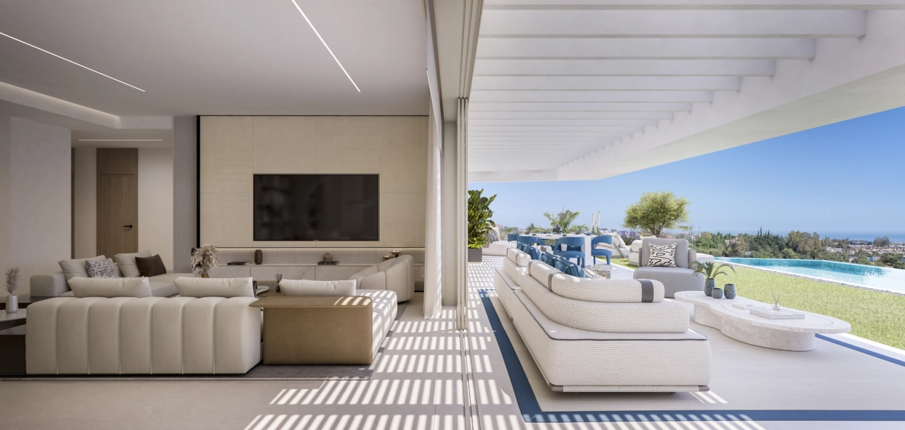 Floor-to-ceiling windows connect the elegant living spaces with the expansive outdoor terrace.