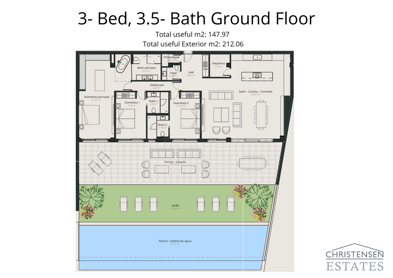 This three-bedroom ground-floor home connects spacious interiors to a generous terrace, private garden, and swimming pool.