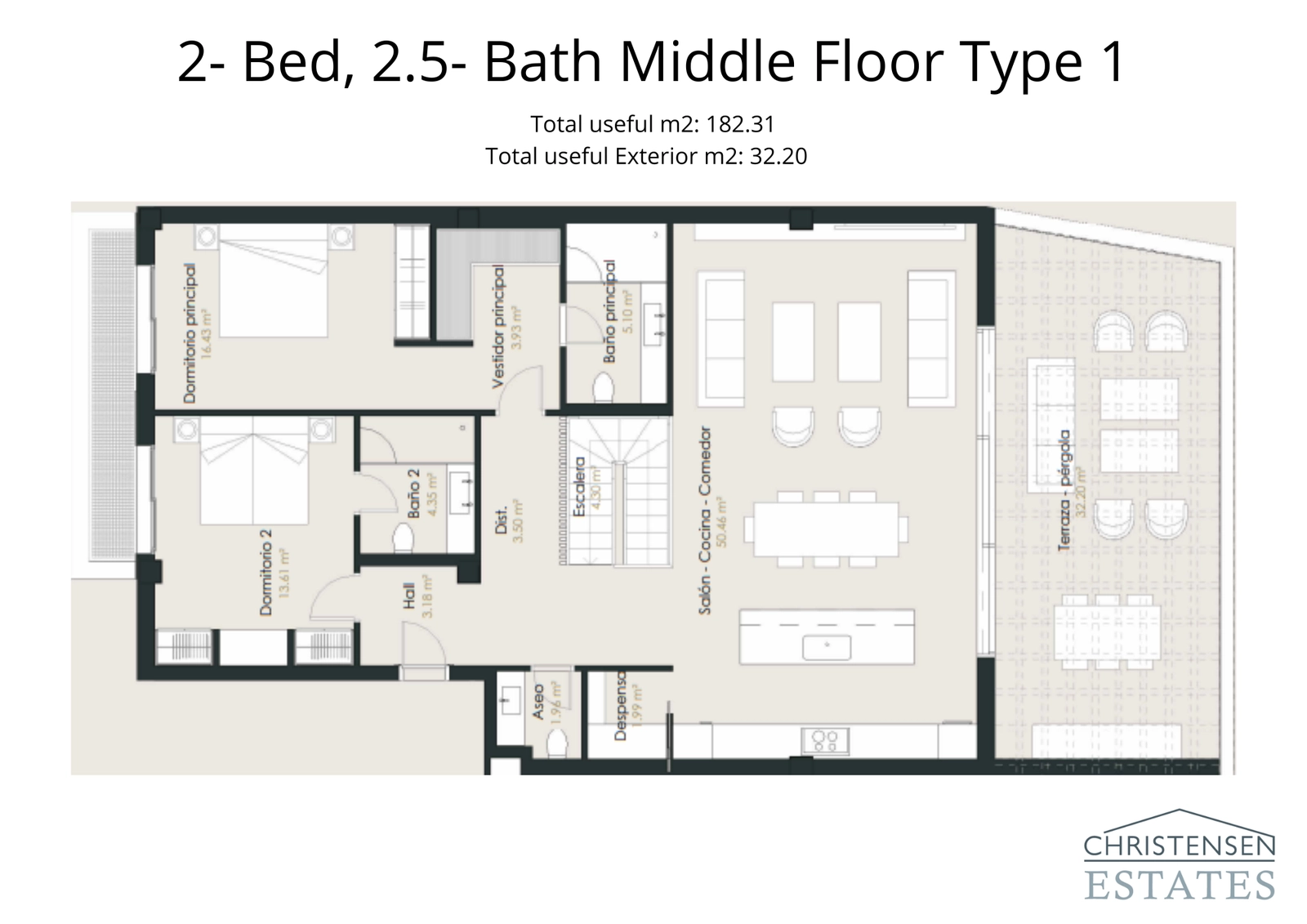 This two-bedroom apartment layout offers a generous open-plan living area that flows onto a spacious terrace, perfect for entertaining.