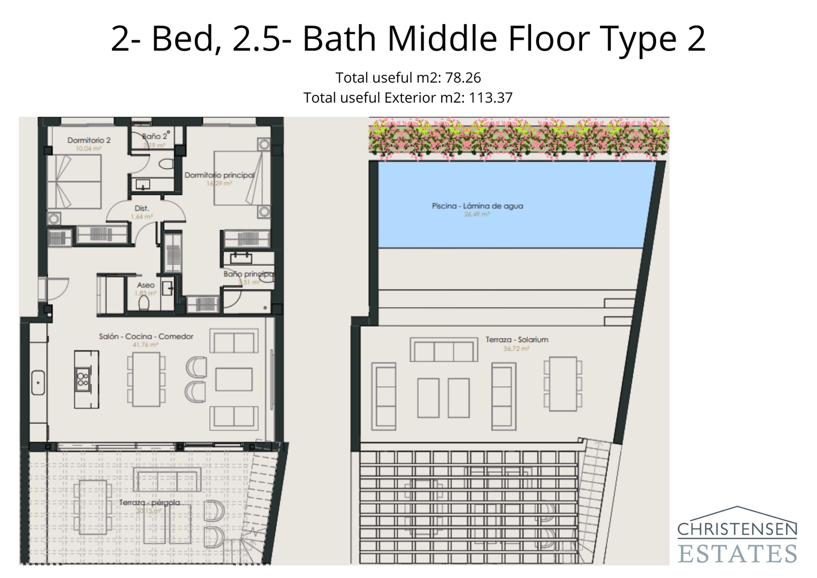 A thoughtfully designed two-bedroom residence featuring an expansive rooftop solarium and private pool for ultimate relaxation.
