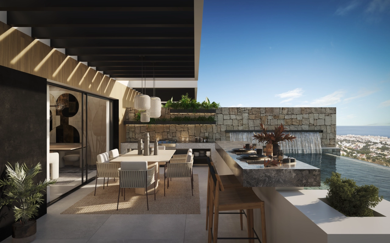 An outdoor kitchen and bar make entertaining friends and family a true pleasure.