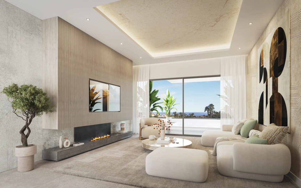 A stylish living room designed for comfort, with large windows framing the stunning sea views.