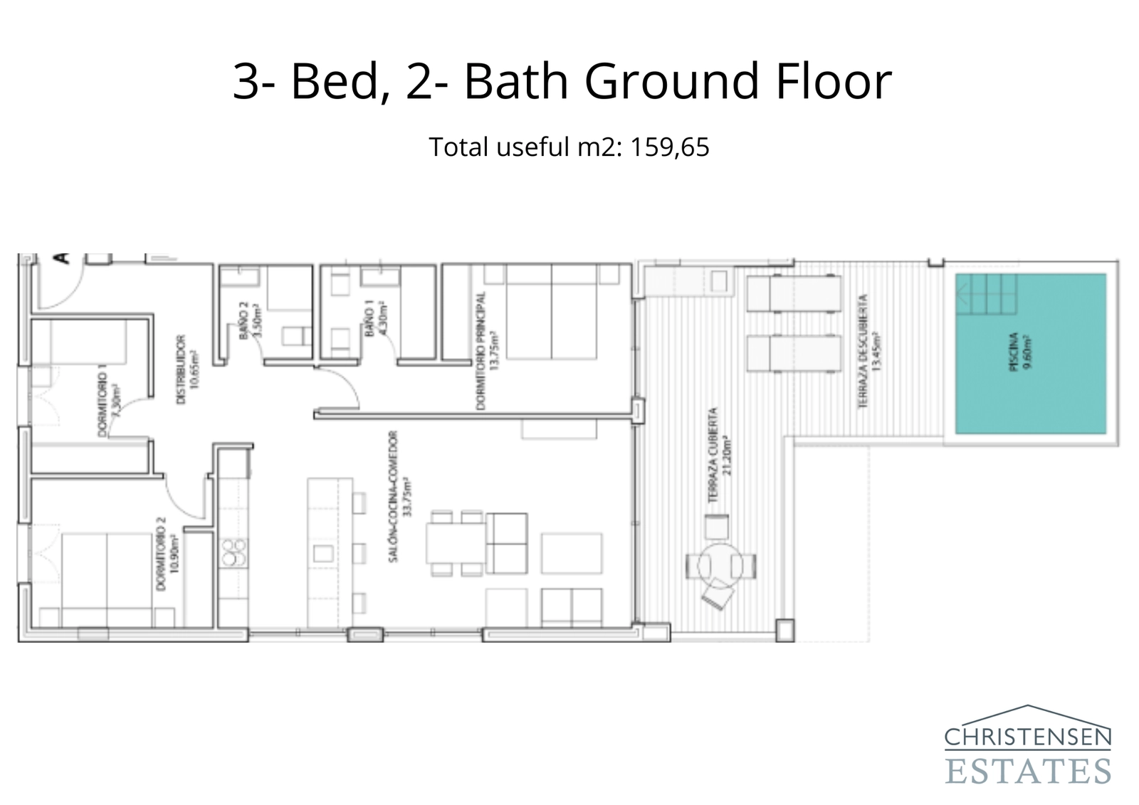 This three-bedroom ground floor layout shows a generous living area flowing onto covered and open terraces, complete with a private swimming pool for ultimate outdoor enjoyment.