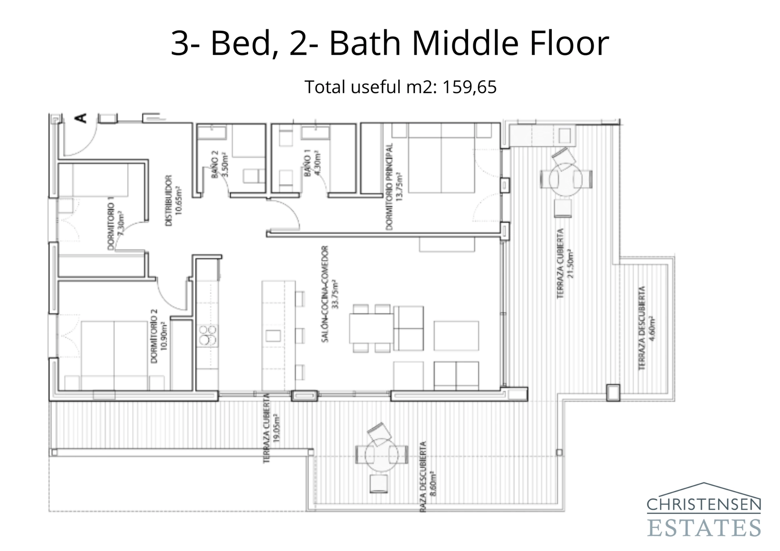 A well-designed three-bedroom middle floor plan featuring spacious terraces that extend the living space outwards, perfect for embracing the Mediterranean climate.