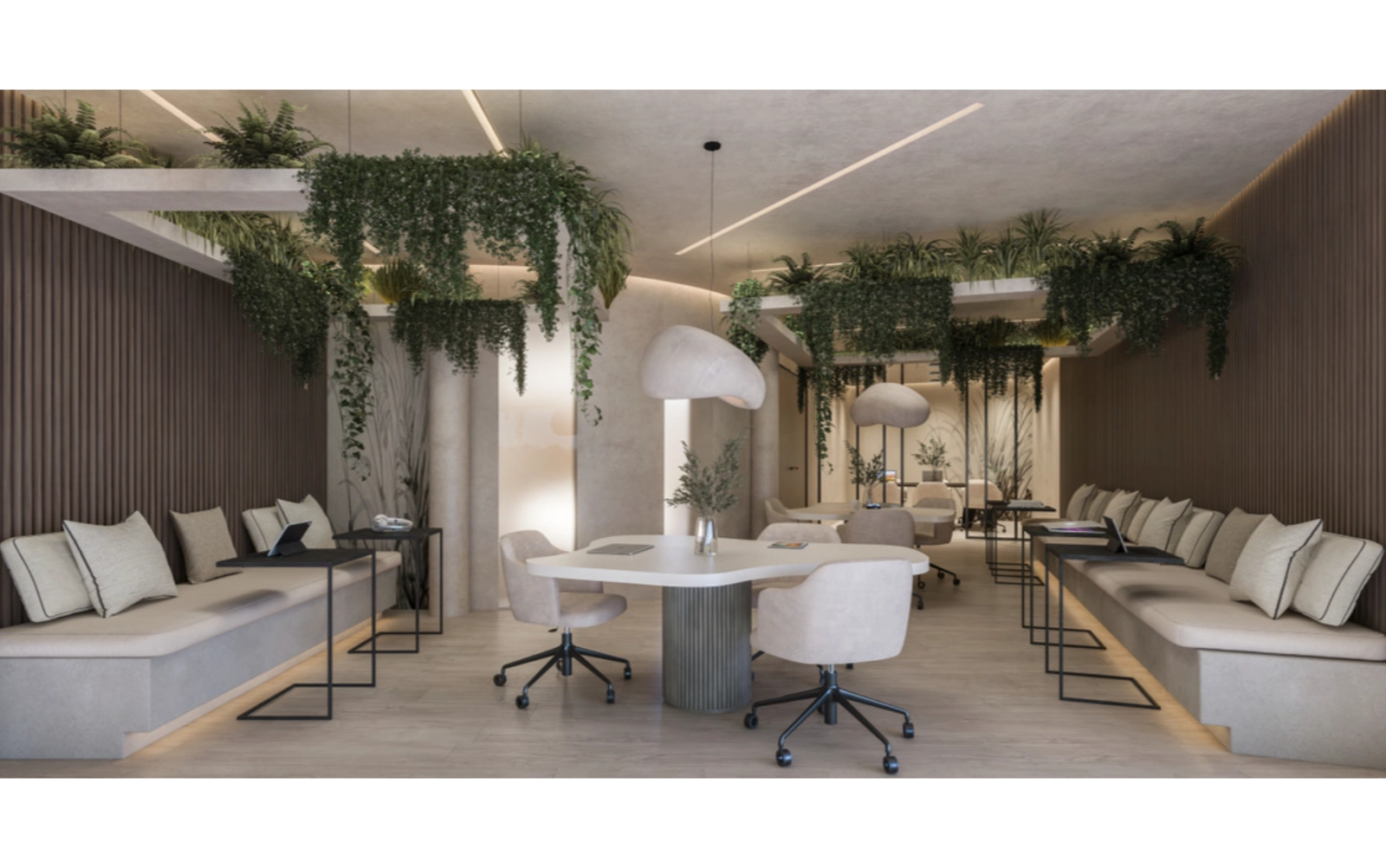 A modern co-working space allows residents to work or meet in a professional setting.