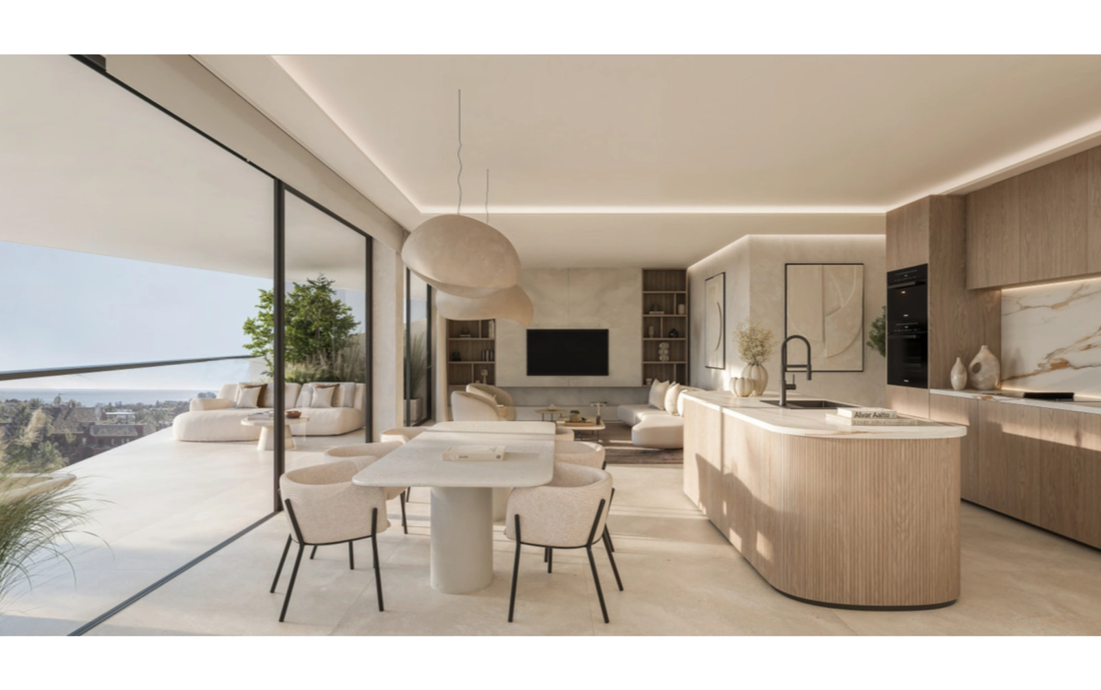 The open-plan living area combines style and comfort, flowing seamlessly to the outdoor terrace.