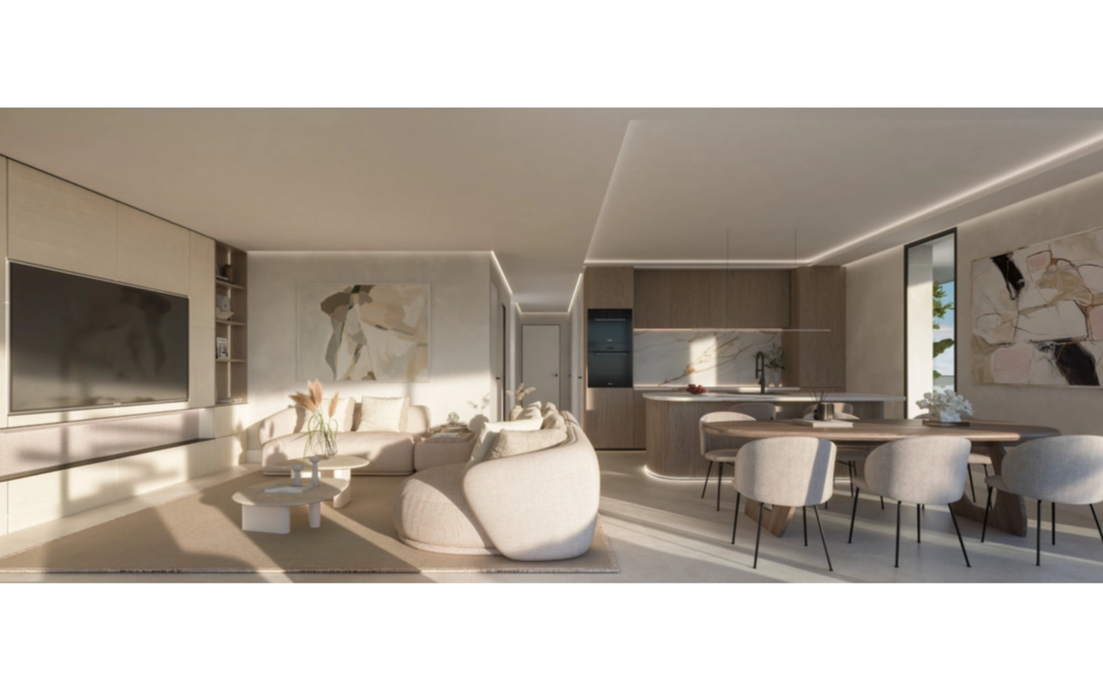 Sunlight fills the elegant living room, creating a warm and inviting atmosphere for relaxation.