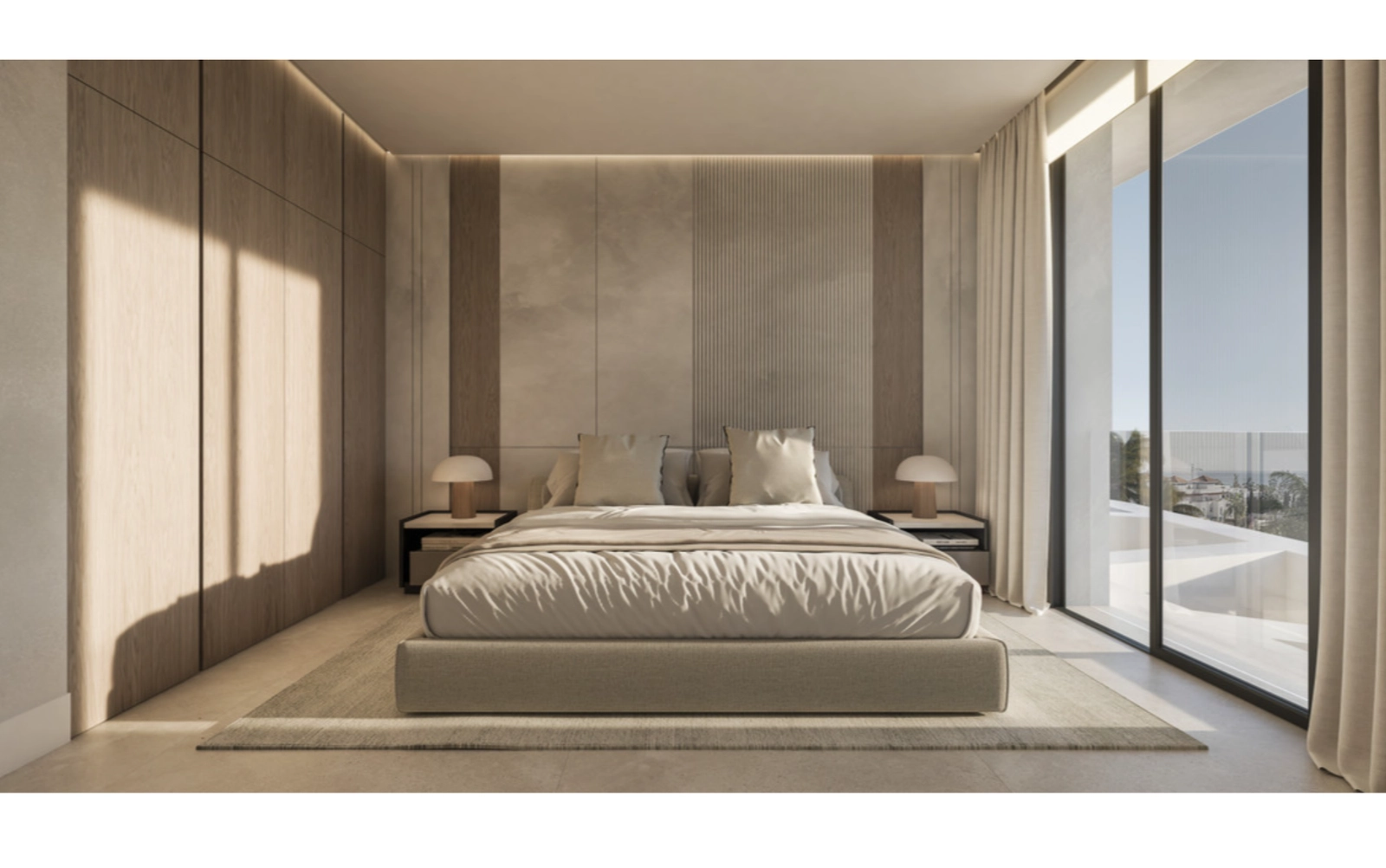 The serene master bedroom offers direct access to the terrace and beautiful views.
