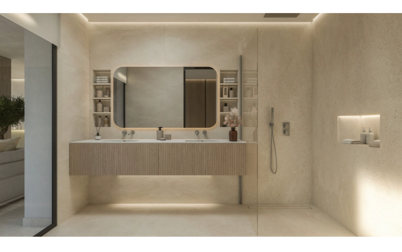 A beautifully appointed bathroom with a double vanity, combining luxury with practical design.