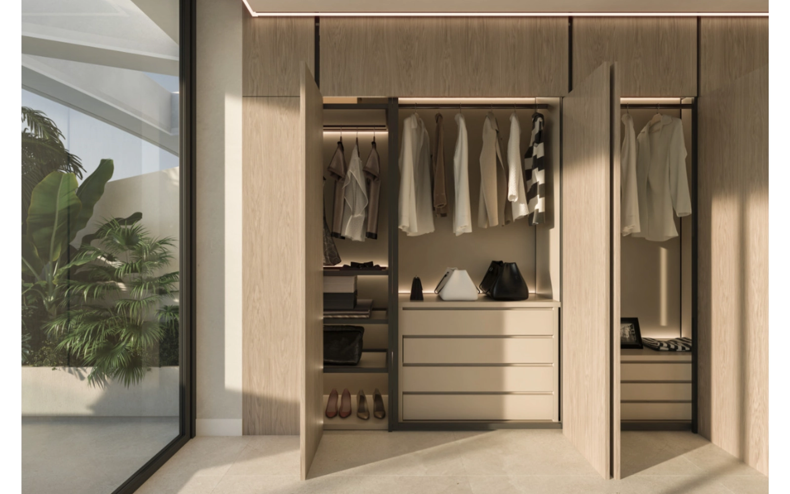 Custom wardrobes offer ample storage and add a touch of elegance to the bedrooms.