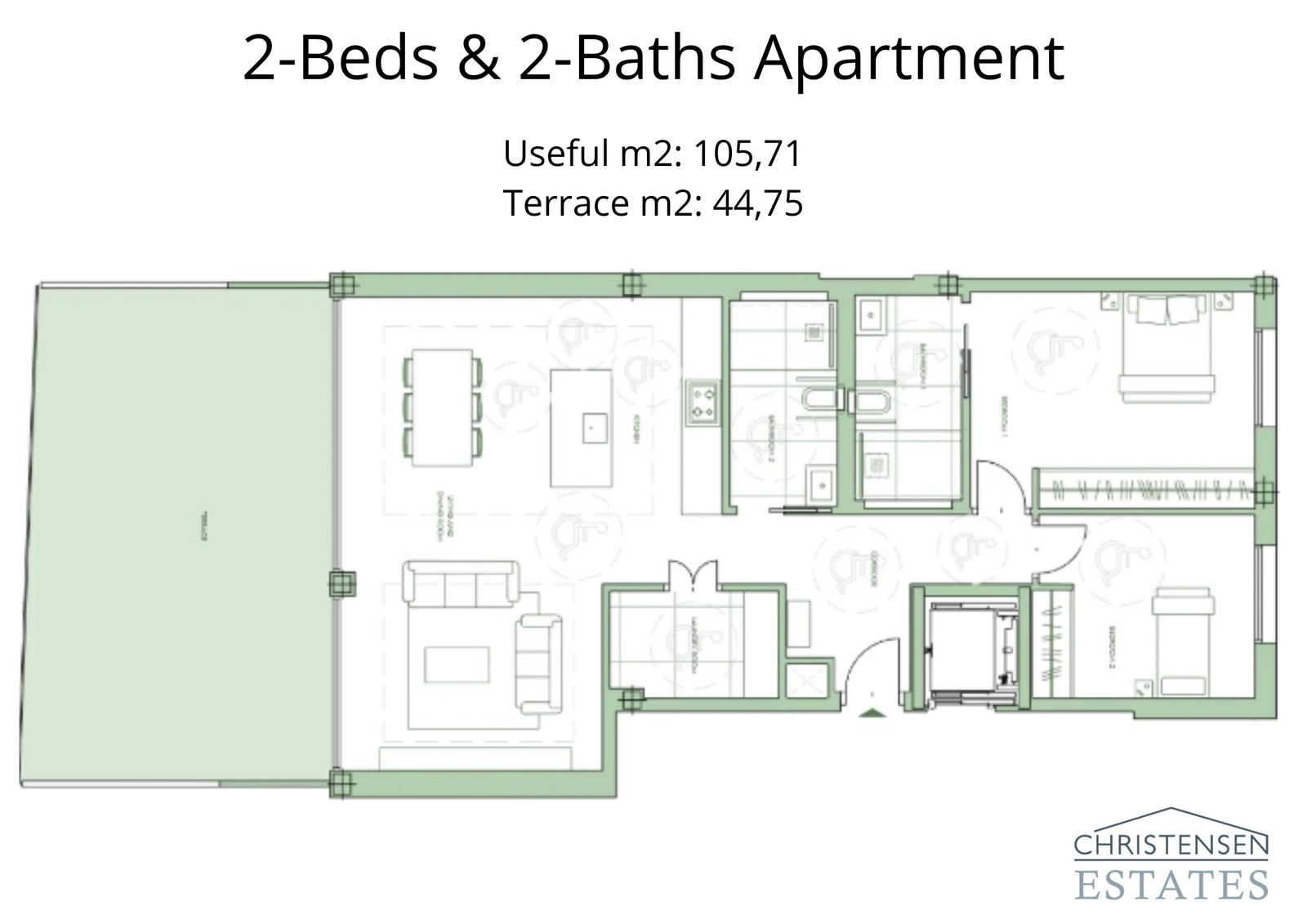 This thoughtful layout for a two-bedroom apartment features a bright, open-plan living area that extends onto a spacious terrace.