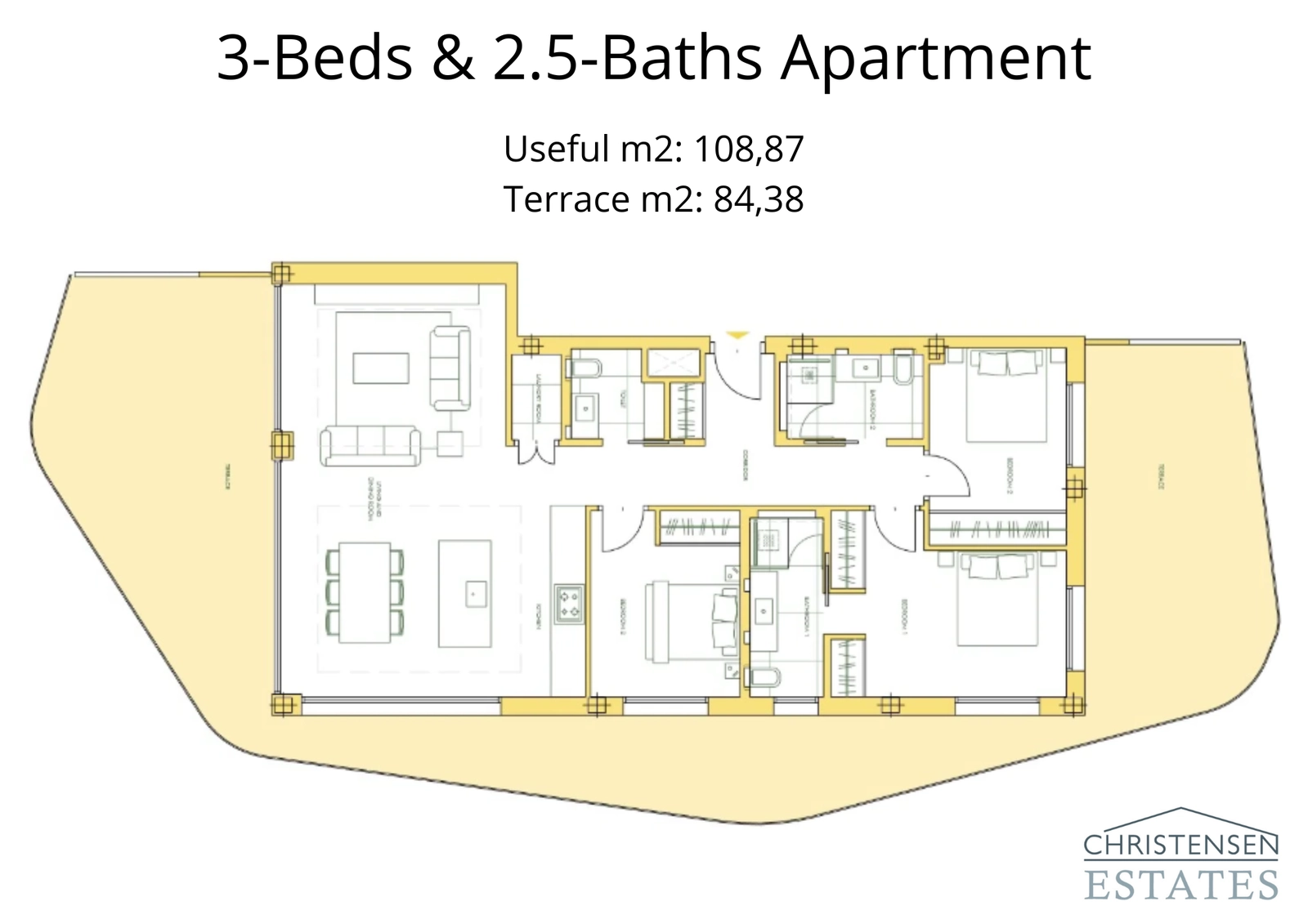 The three-bedroom floor plan provides ample space for families, with a generous terrace perfect for outdoor dining and relaxation.