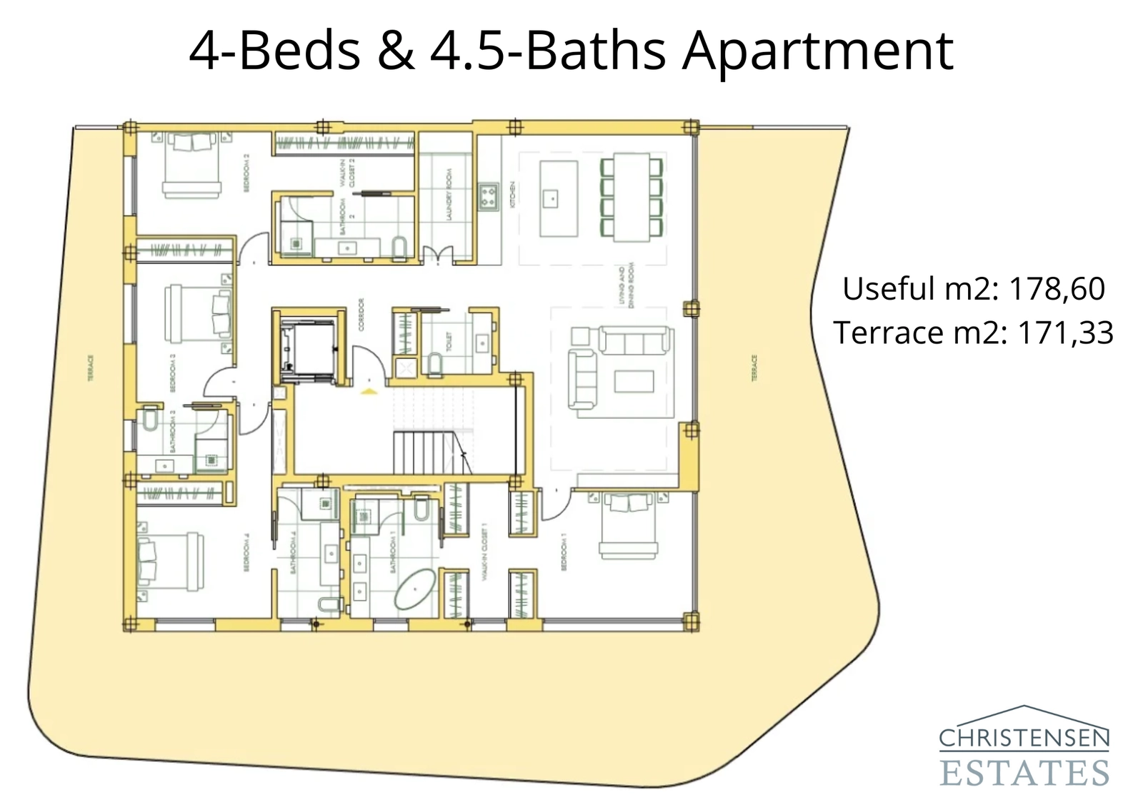 A spacious four-bedroom penthouse layout designed for luxury living, featuring expansive interiors and a wraparound terrace.