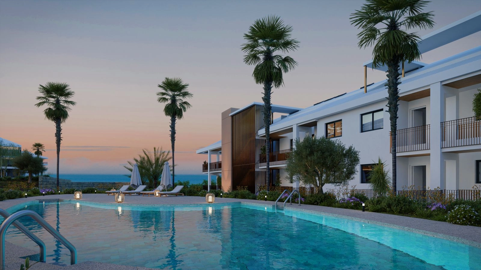 The communal swimming pool area at dusk, a perfect place to relax and enjoy the sunset.