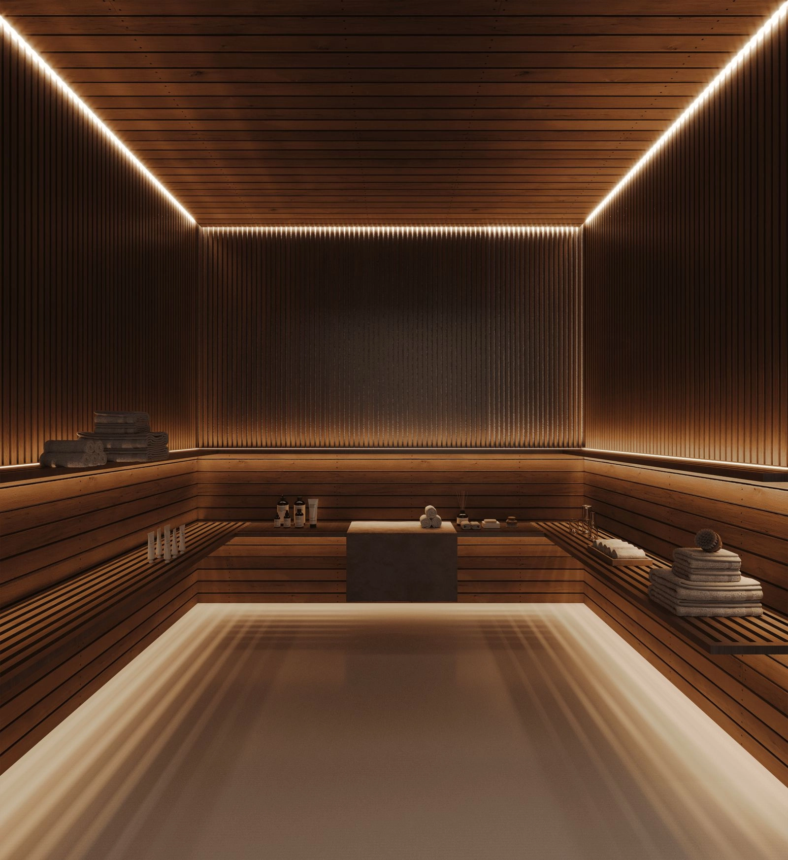 Unwind in the tranquil sauna, part of the exclusive wellness facilities for residents.