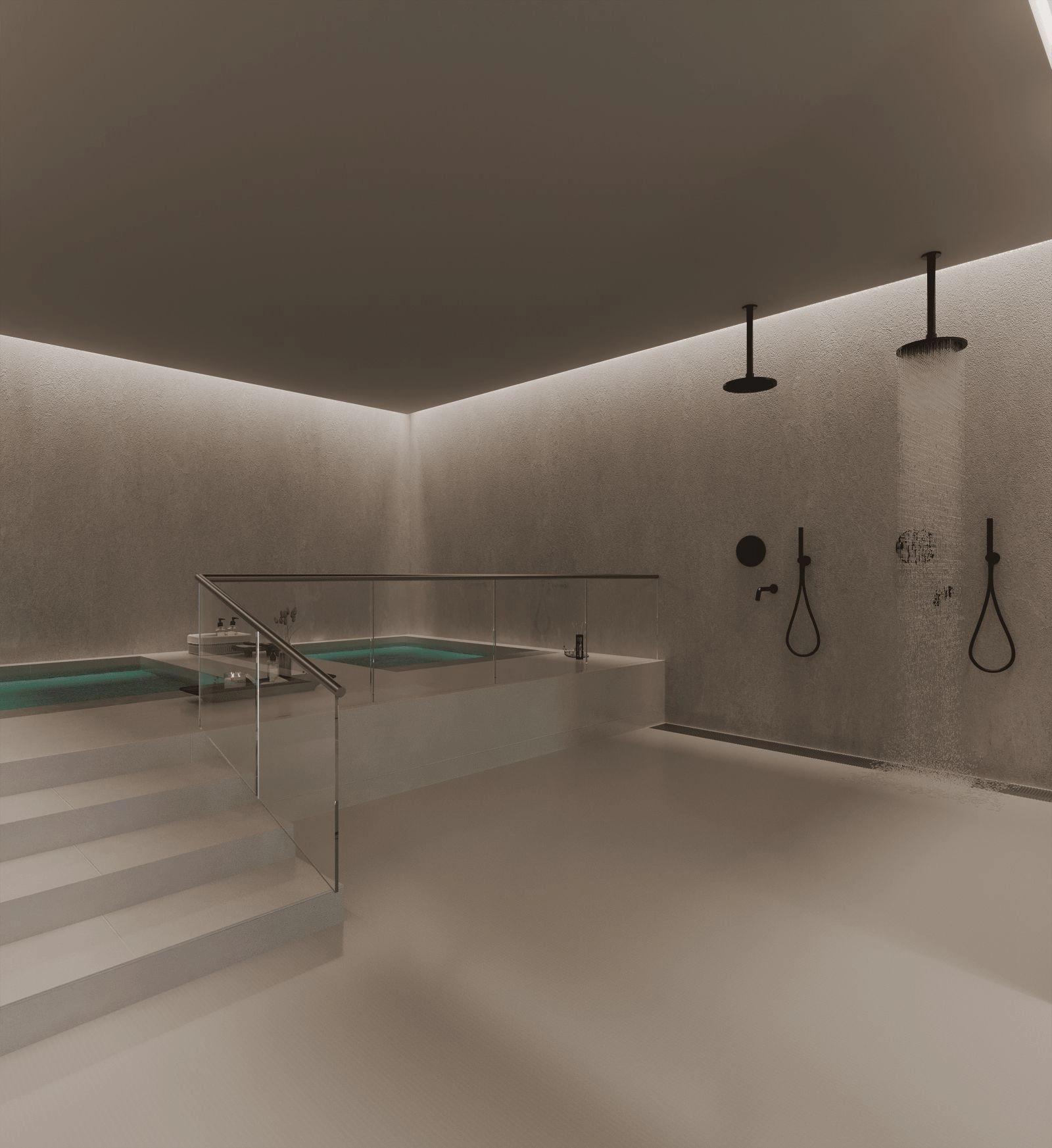 The wellness area includes contrast pools, providing a spa-like experience at home.
