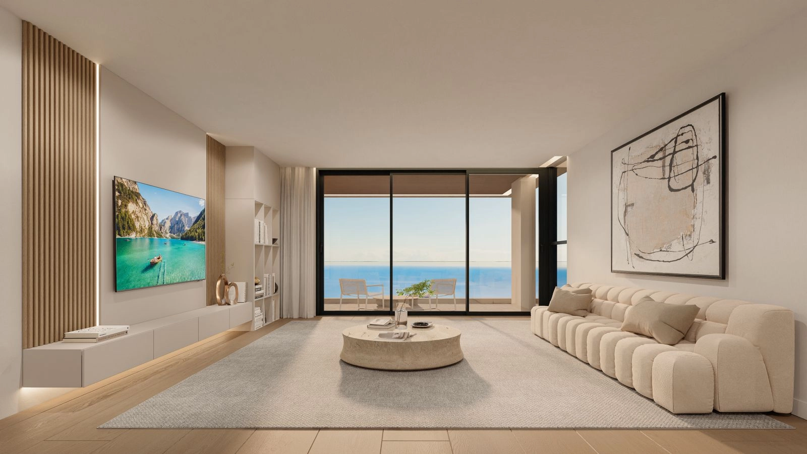 The bright and spacious living area is designed for comfort, with large windows that open to the sea.