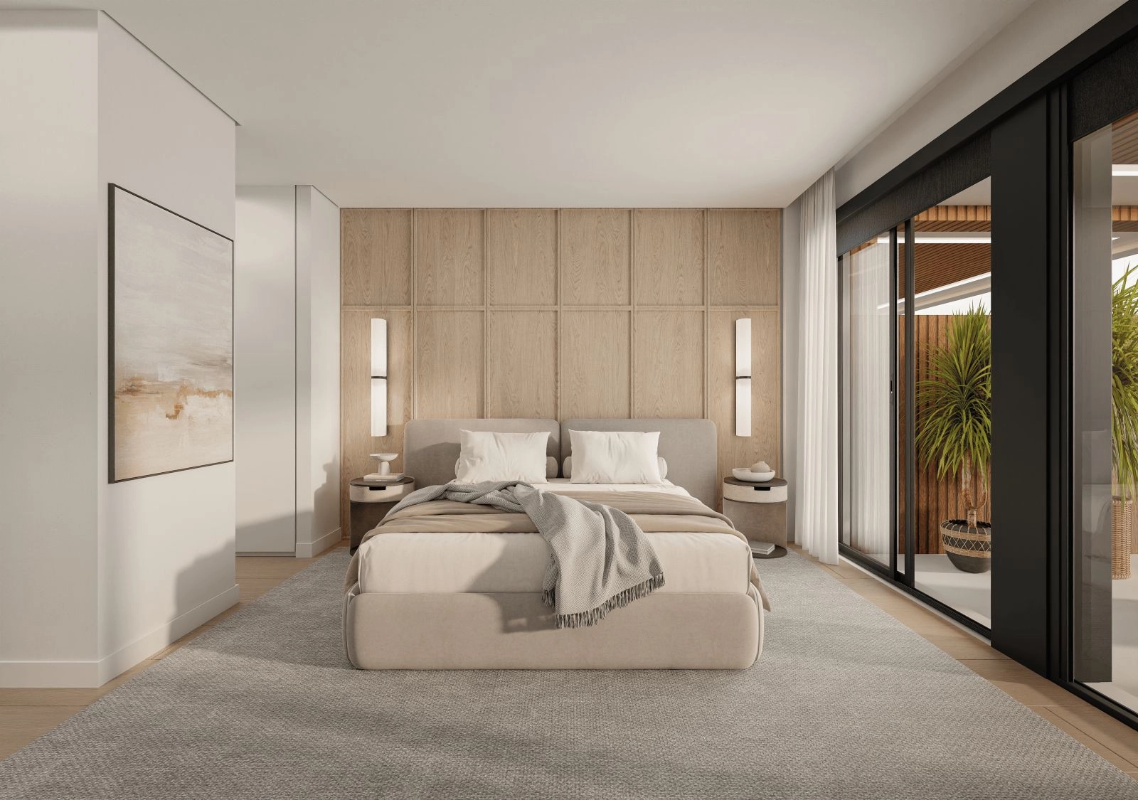 The tranquil master suite provides direct access to the outdoor terrace and views.