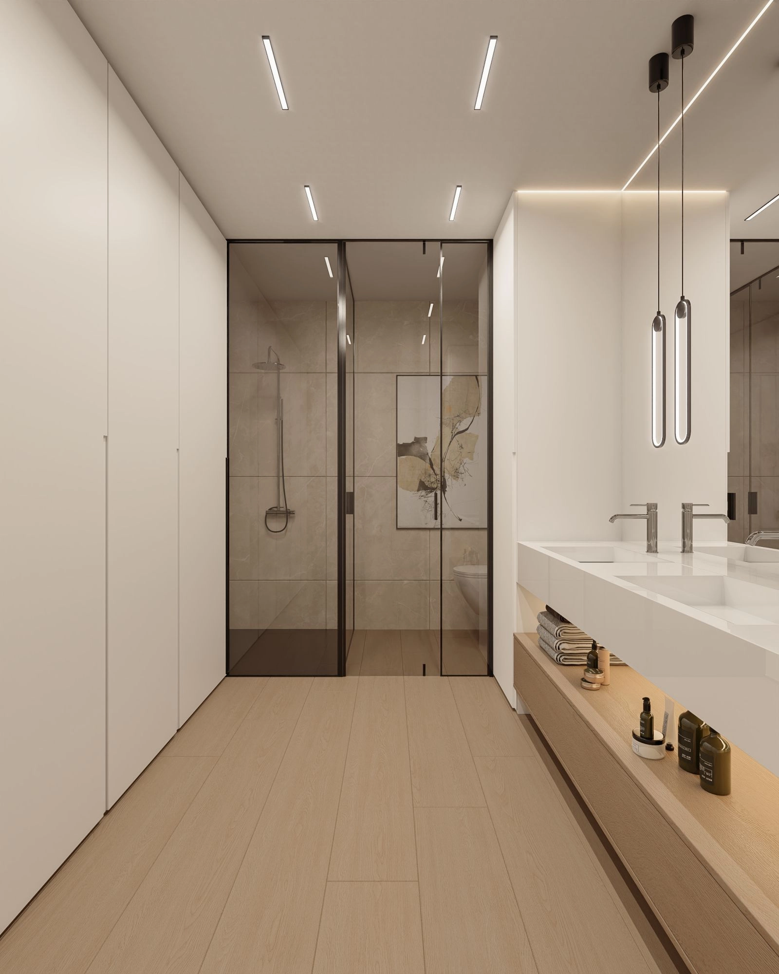 A sophisticated bathroom with premium fixtures, a walk-in shower, and clean, modern lines.