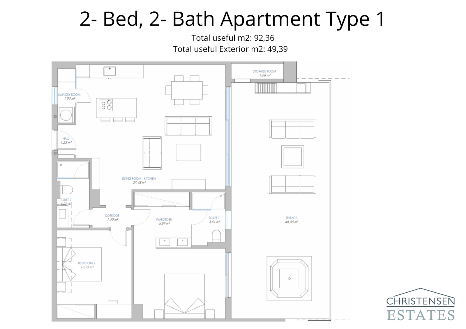 Spacious two-bedroom layout with an expansive terrace, offering a perfect blend of indoor comfort and outdoor living.