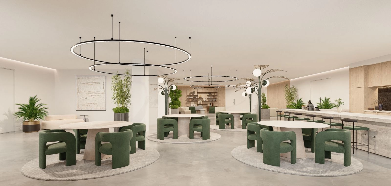 The stylish residents' lounge, a comfortable space for socializing or relaxing.