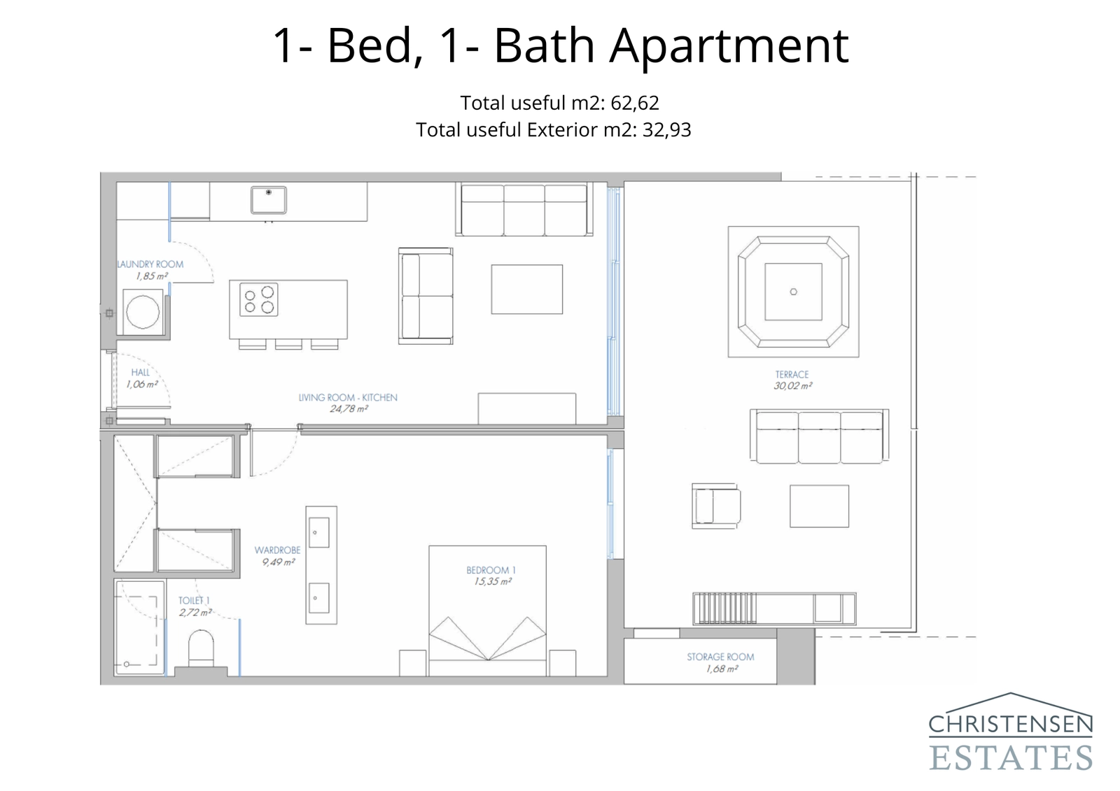 Floor plan for a one-bedroom apartment, featuring an open-plan living area and a large terrace to maximize space and light.